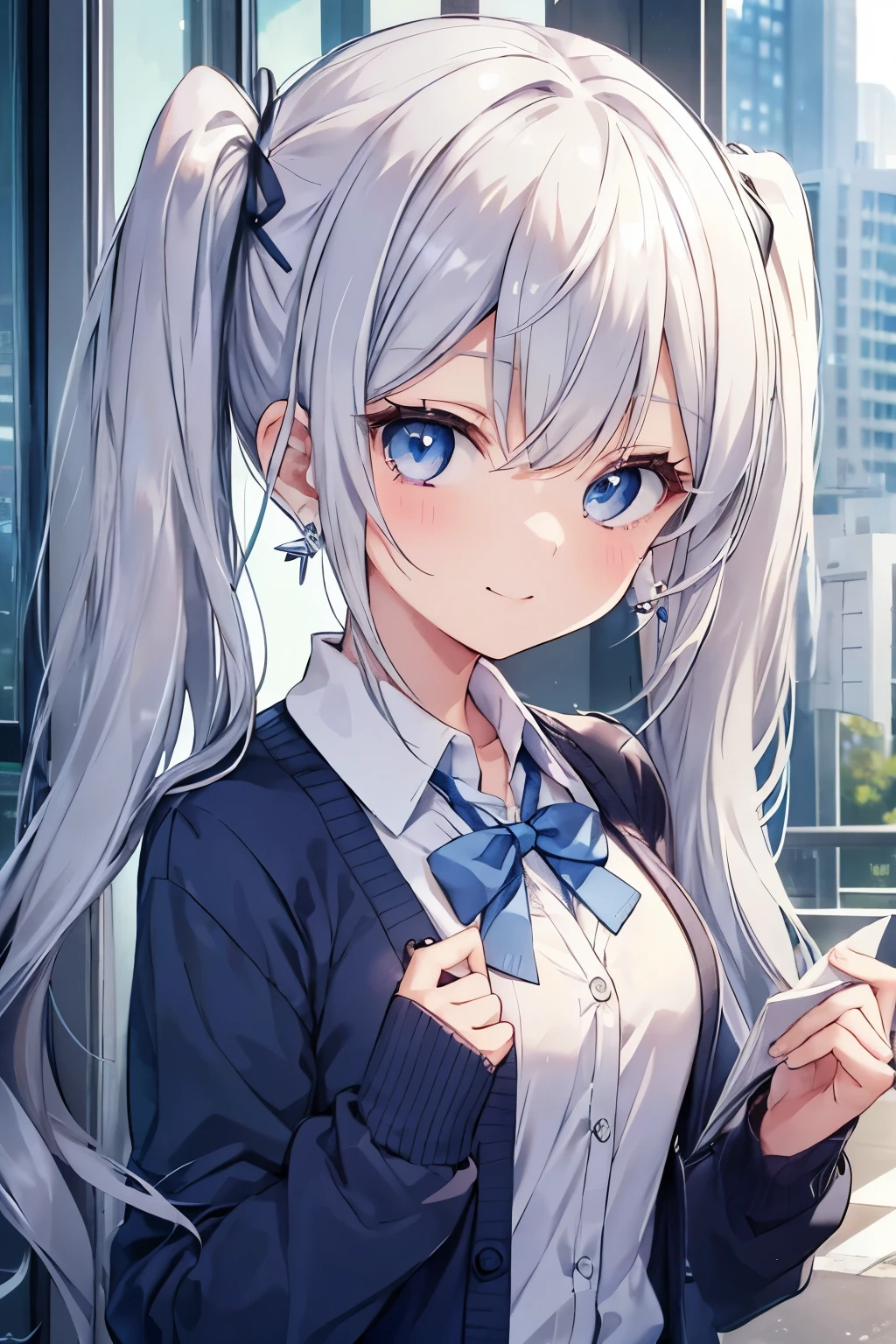 Silver-haired blue eyes、 girl、small breasts、twin tails、smile、gal girl、wearing cute earrings、uniform、knit cardigan、With highlights around the eyes、cute hairpin、I can see the whole body、Going to school in the morning