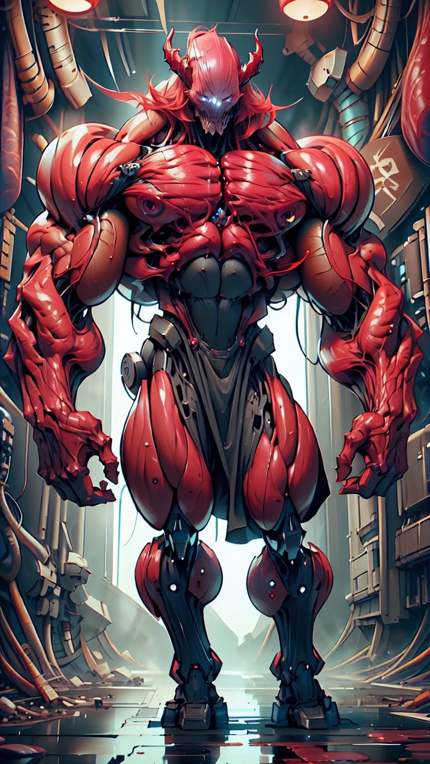 Cinematic, clear facial features and insanely detailed, the image captures the essence of (1 girl), (megan fox:1.25), (long red hair), (carnage skinless physique:1.25), (1 super muscular undead skinless succubus with gigantic horns:1.25), (covered in red necrotic rotting skinless muscle:1.25), (exposed muscles & veins everywhere:1.25), (perfect fingers:1.25) (full body pose:1.25). The color grading is beautifully done, enhancing the overall cinematic feel. Unreal Engine makes her appearance even more mesmerizing. With depth of field (DOF), every detail is focused and accentuated, drawing attention to her eyes and hair. Peak image resolution utilizing super-resolution technology ensures pixel perfection. Cinematic lighting enhances her aura, while anti-aliasing techniques like FXAA and TXAA keep the edges smooth and clean. Adding realism to the muscular bio-mecha succubus , RTX technology enables ray tracing. Additionally, SSAO (Screen Space Ambient Occlusion) gives depth and realism to the scene, the girl's presence even more convincing. In the post-processing and post-production stages, tone mapping enhances the colors, creating a captivating visual experience. The integration of CGI (Computer-Generated Imagery) and VFX (Visual Effects brings out her demonic features seamlessly . Icredible level of detail, with intricate elements meticulously crafted, the artwork hyper maximalist and hyper-realistic. Volumetric effects add depth and dimension, with unparalleled photorealism. 8k resolution rendering ensures super detailed visuals. The volumetric lighting adds a touch of magic, highlighting her beauty and aura in an otherworldly way. High Dynamic Range (HDR) tech makes the colors pop, adding richness to the overall composition. Ultimately, this artwork presents an unreal, yet stunningly real portrayal of an incredibly beautiful bio-mecha succubus girl. The sharp focus ensures that every feature is crisply defined, creating a captivating presence.