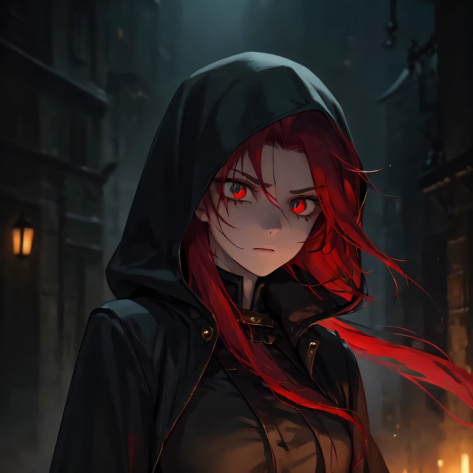 Melhor qualidade, realista, uma garota com cabelo ruivo e olhos e rosto detalhados, segurando uma adaga, usando um vestido preto, com um sobretudo preto, and a person with a black hood on their head. The scene portrays a huntress inspired by the style of Van Helsing. The background is dark, mysterious scenery with dimly lit streets and fog. The colors are rich and vibrant, com uma paleta de cores escuras e temperamentais. The lighting is dramatic, casting long shadows and highlighting the girl's determined expression. The overall image should have a cinematic and exciting atmosphere, capturing the essence of a fierce and skilled huntress in action.