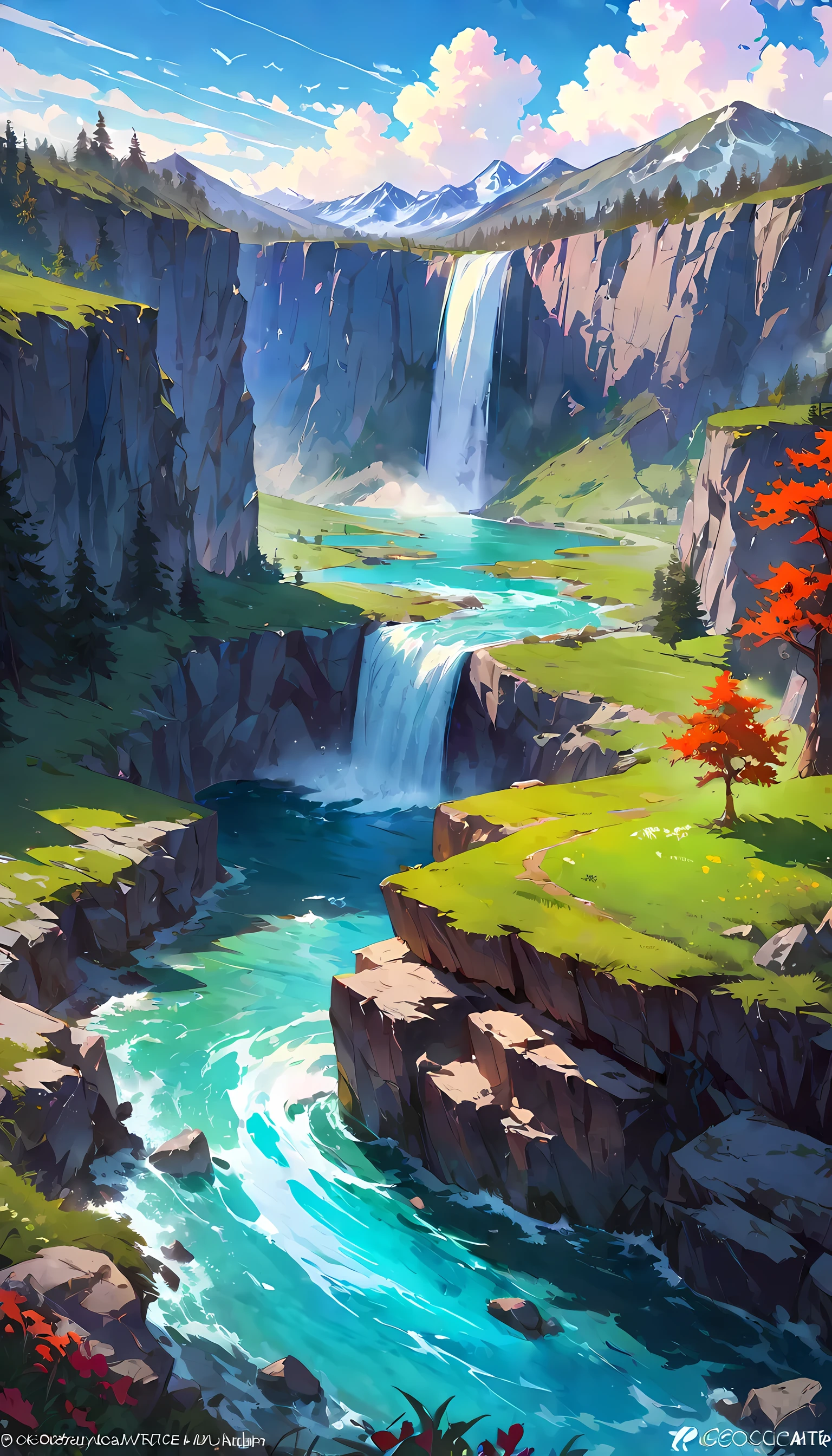 masterpiece, best quality, high quality, Very detailed CG unity 8k wallpaper, landscape, outdoor, Sky空, cloud, Sky, no humans, Mountain, landscape, water, Tree, blue Sky空, waterfall, cliff, nature, lake, river, cloudy Sky空,Award-winning photography, Bokeh, depth of field, high dynamic range, bloom, Color difference ,lifelike,Very detailed, Popular topics on ArtStation, Trending on CGSociety, complicated, high detail, dramatic, midway art