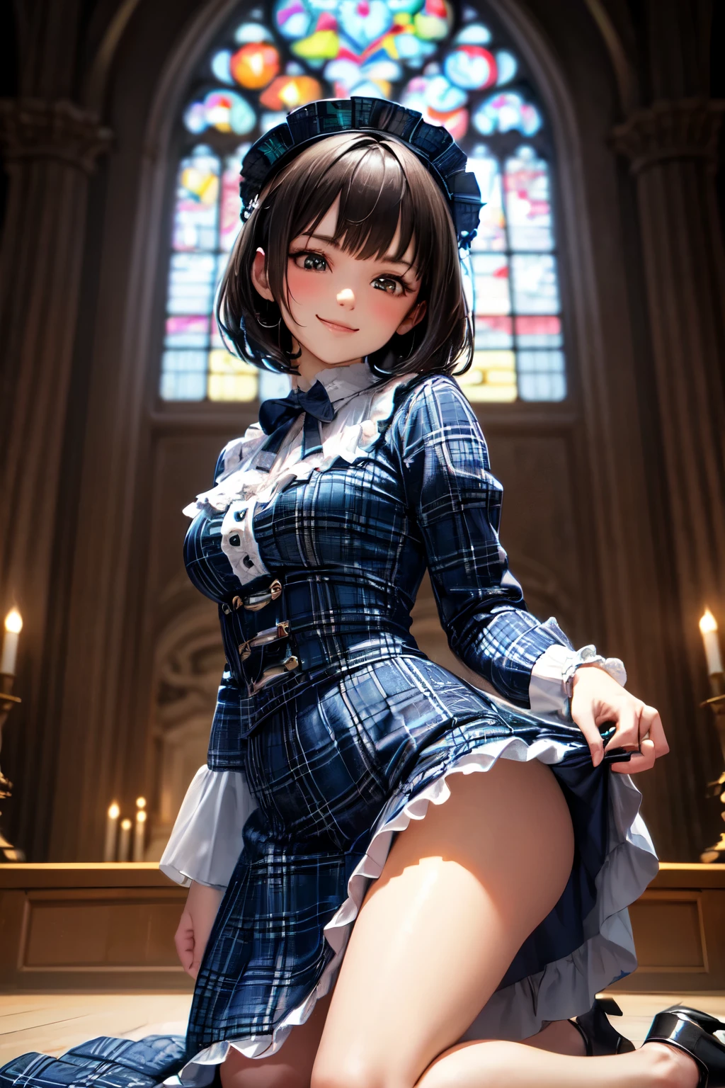 very cute and beautiful girl,(highly detailed beautiful face), (smile),blush,black hair,cowboy shot,looking at viewer,kneeling, (elegant blue plaid ta dress with detailed frills),detailed lace,skirt lift,white panties, altar,church,indoors, (best quality,masterpiece:1.0),absurdres,highres,ultra-detailed,extremely detailed,32k,8k resolution, intricate details,cinematic scene,detailed background,solo,dynamic angle,