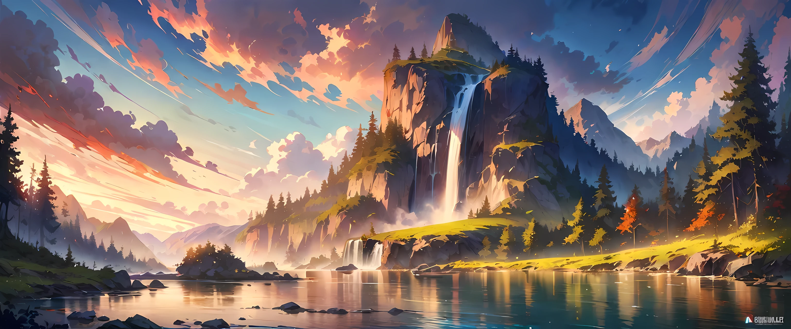 masterpiece, best quality, high quality, Very detailed CG unity 8k wallpaper, landscape, outdoor, Sky空, cloud, Sky, no humans, Mountain, landscape, water, Tree, blue Sky空, waterfall, cliff, nature, lake, river, cloudy Sky空,Award-winning photography, Bokeh, depth of field, high dynamic range, bloom, Color difference ,lifelike,Very detailed, Popular topics on ArtStation, Trending on CGSociety, complicated, high detail, dramatic, midway art