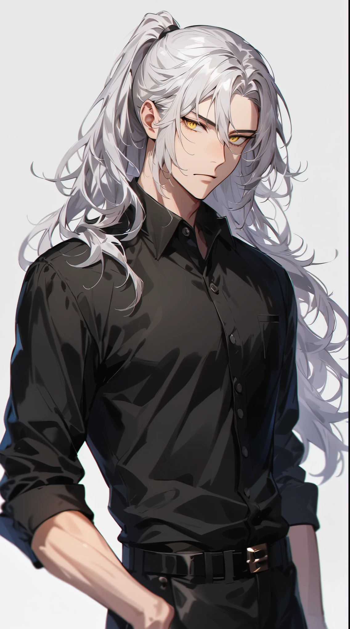 Beautiful young man, white hair, long hair, ponytail, yellow eyes, slit eyes, stylish black clothes, standing, composition from the waist up,high quality, amount of drawing, pixiv illustration