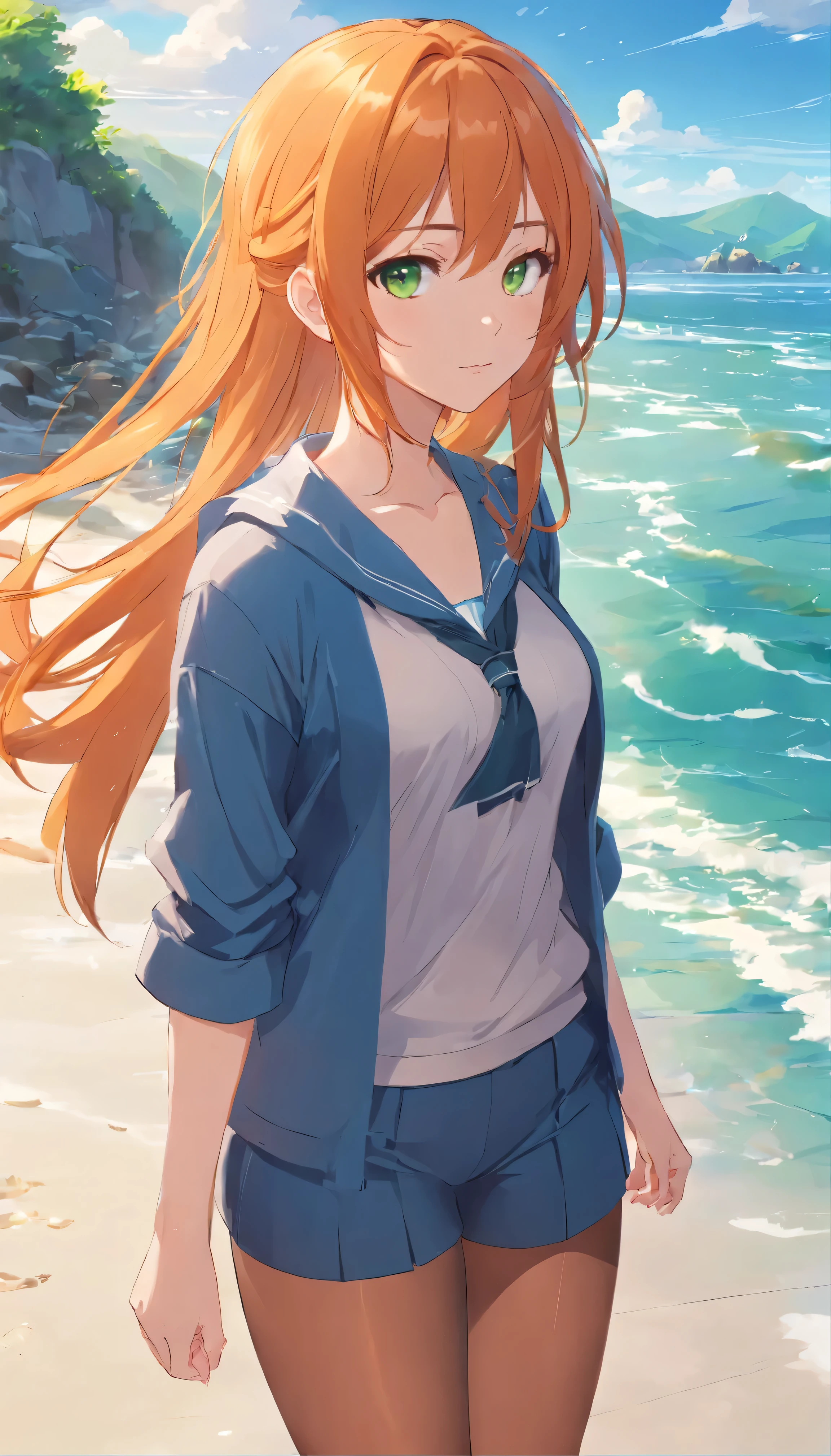 Anime girl with long orange hair, standing on the beach near the ocean, green eyes detailed digital anime art, anime girl with long hair, гладкое аниме cg art, anime girl with long hair, digital anime art, work in Guweiz style, Beautiful anime portrait, Photorealistic render of an anime girl, pantyhose, Beautiful anime girl, advanced digital anime art, guweiz на artstation pixiv HD UHD HQ
