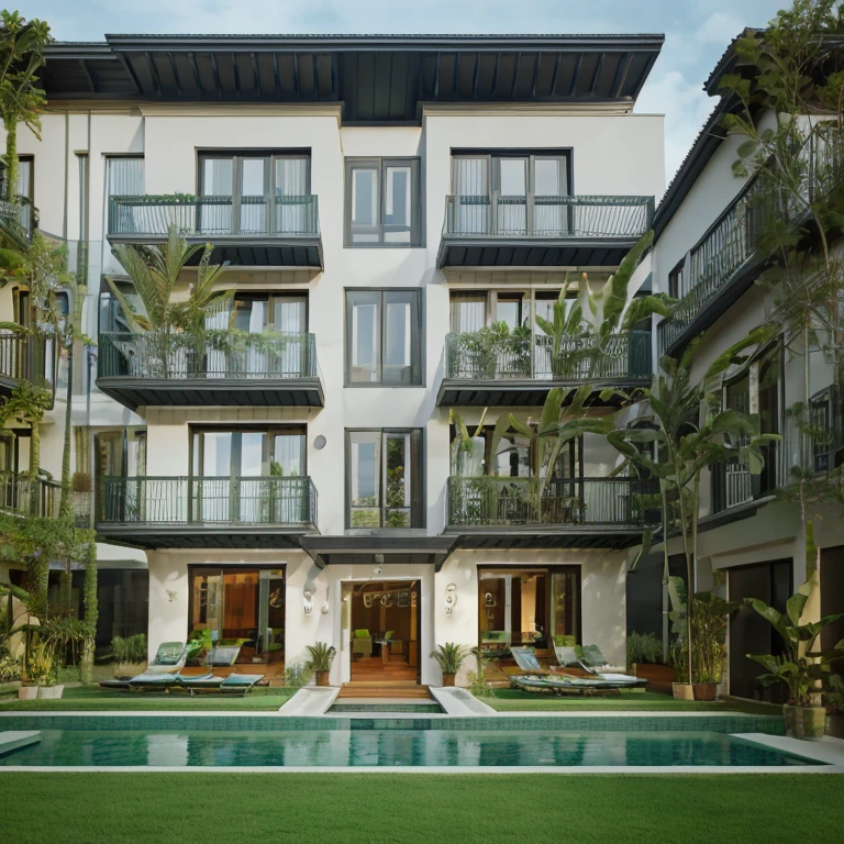 modern town villa large windows and balconies on the first floor, tropical green plants wide angle shot Canon EOS showcasing modern