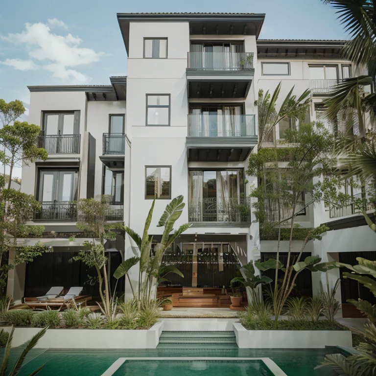 modern town villa large windows and balconies on the first floor, tropical green plants wide angle shot Canon EOS showcasing modern