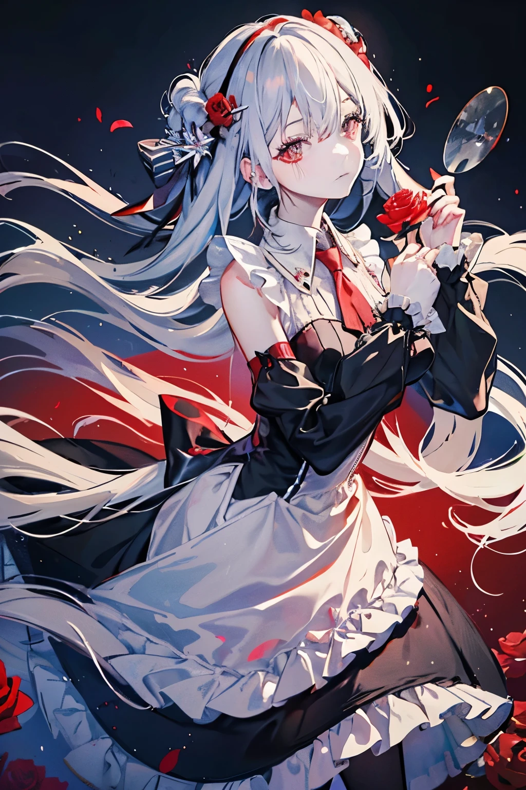 (highest quality, masterpiece), (1 girl, alone, black dress, Are standing , looking at the viewer, gray hair, red eyes, holding a rose, closed mouth, Upper body), (red dream catcher in the back, Red flower, )