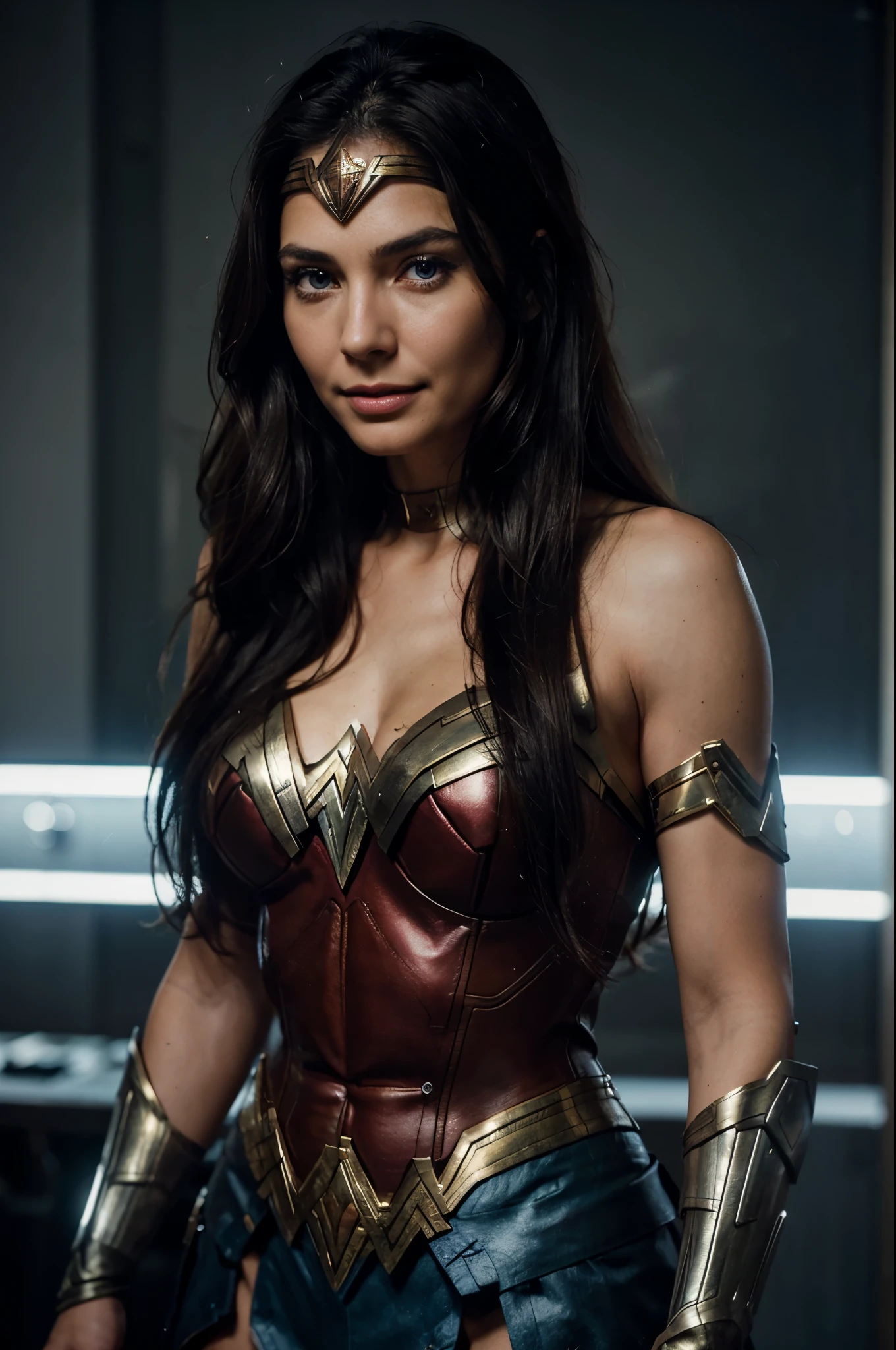 standing woman 38 years old, narrow face, high cheekbones, medium build, dark brown very long hair beautiful styling, bright blue eyes, long eyelashes, smiling, narrow face, looks straight into the camera,like WONDER WOMAN, nice bright light, in the background a spaceship takes off, fantastic landscape,Large Format Lens. very high quality, dynamically, cinematic,ultra realistic photography, Digital art, Best quality, cinematic