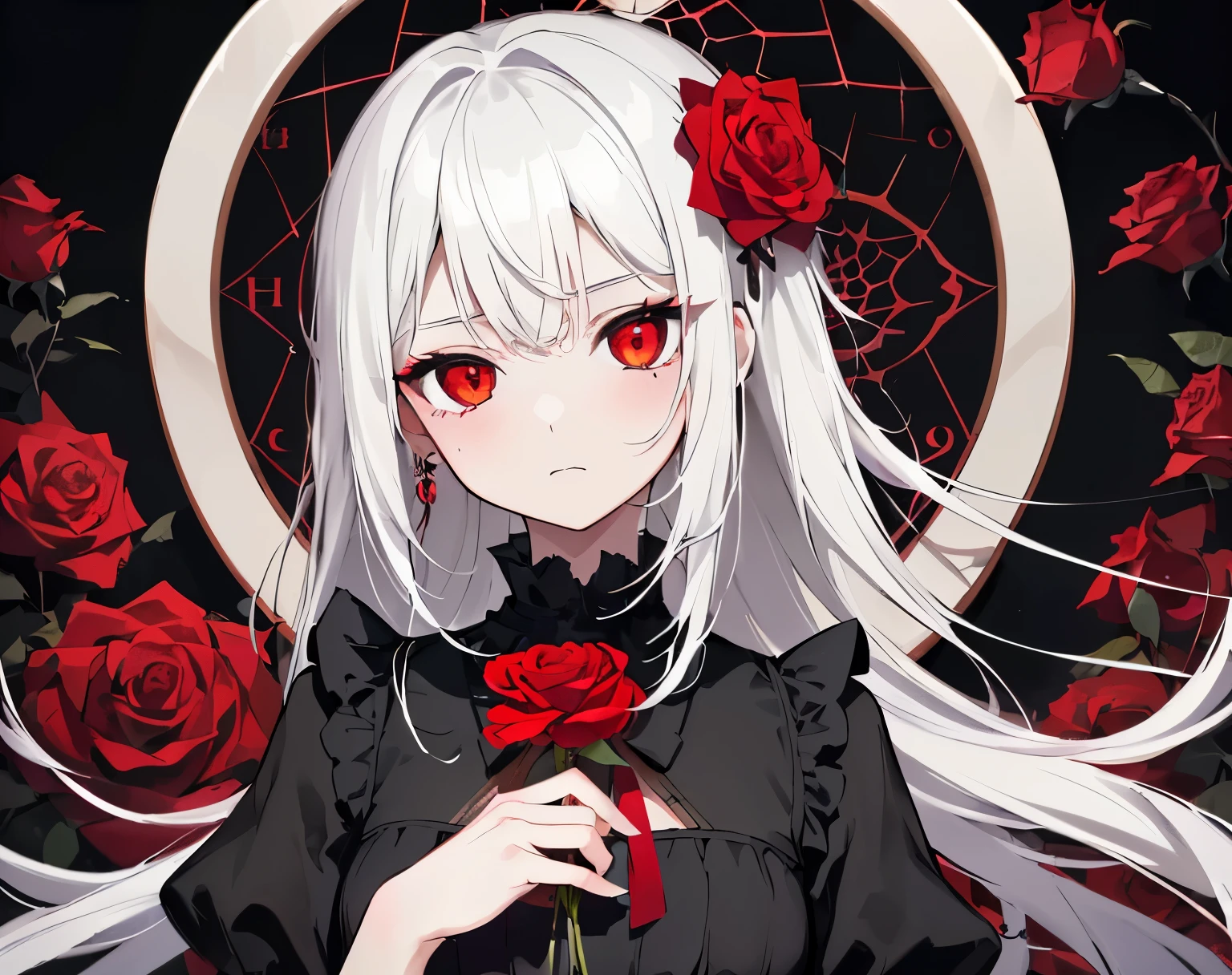 (highest quality, masterpiece), (1 girl, alone, black dress, Are standing , looking at the viewer, gray hair, red eyes, holding a rose, closed mouth, Upper body), (red dream catcher in the back, Red flower, )