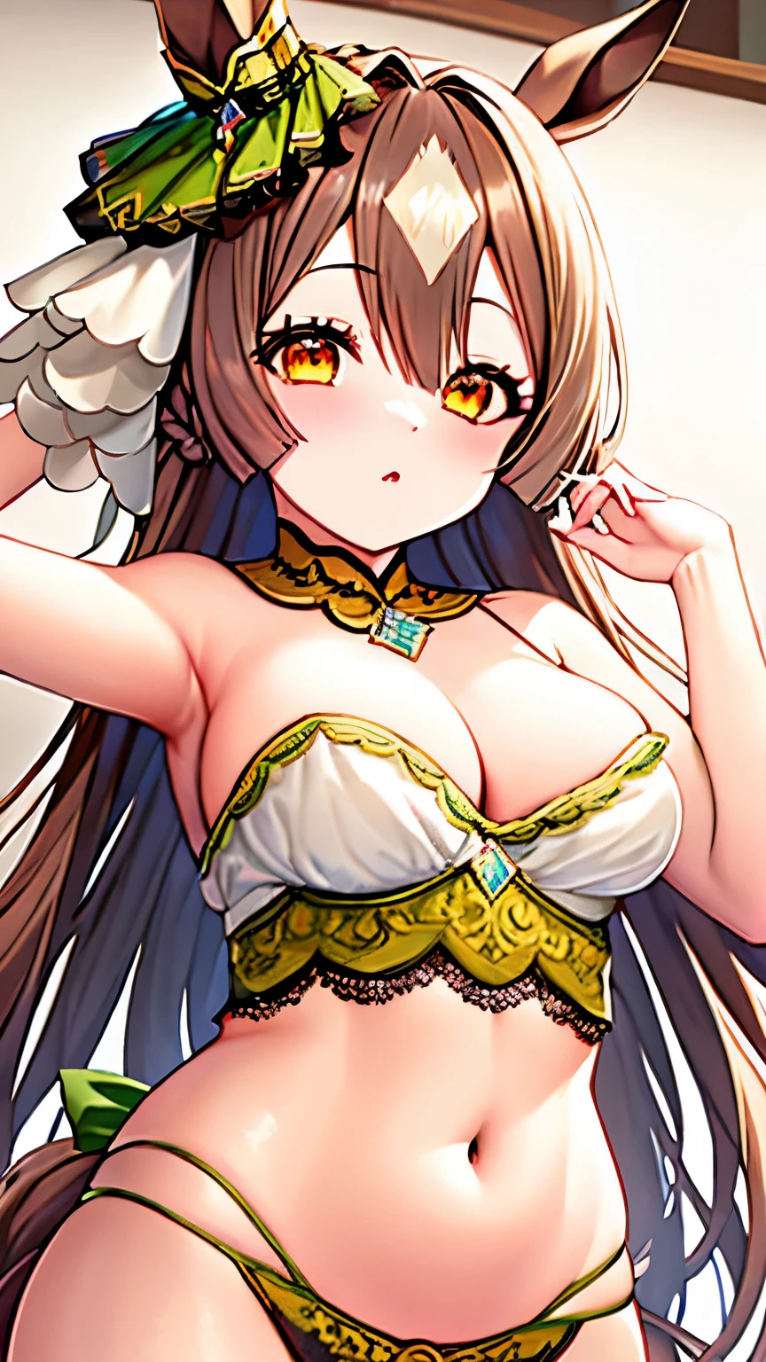 Satono Diamond,Umamusume,horse ears, Uma Musume ,horse tail,green ribbon,hair between eyes,brown hair, very long hair, spread hair, french braid,brown eyes, princess cut, shiny skin, ,((NSFW))