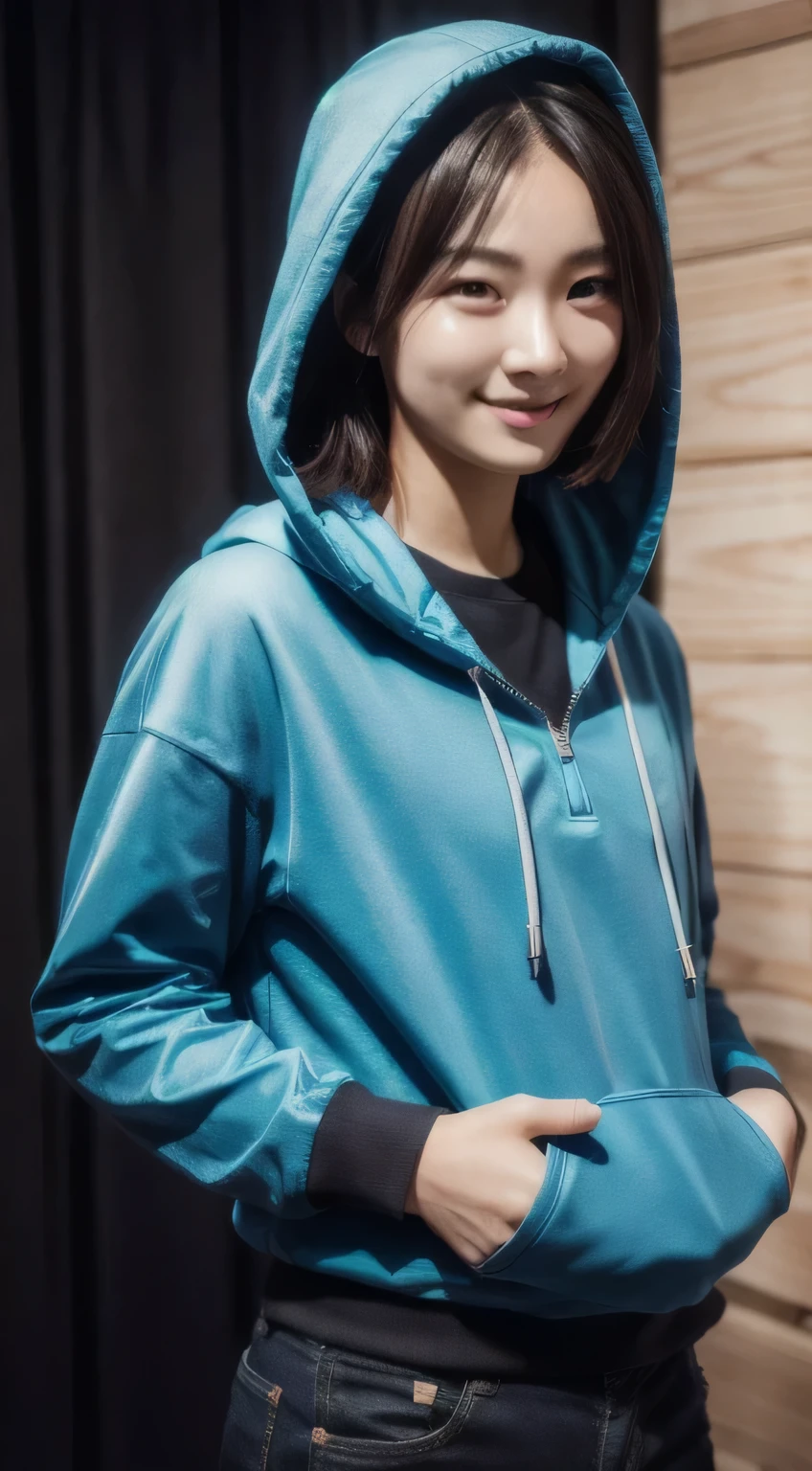 8K, highest quality, masterpiece, realistic, Super detailed, photo realistic, hyper realistic, smoother lighting, Improve the quality of movie lighting, realistic lighting, Backlight, bright light, Improvement of quality, highest quality real texture skin,
close, thin, cute顔, smile, Beautiful eyes in every detail, 19 years old Korean, cute, electric blue color drill hair, hood,