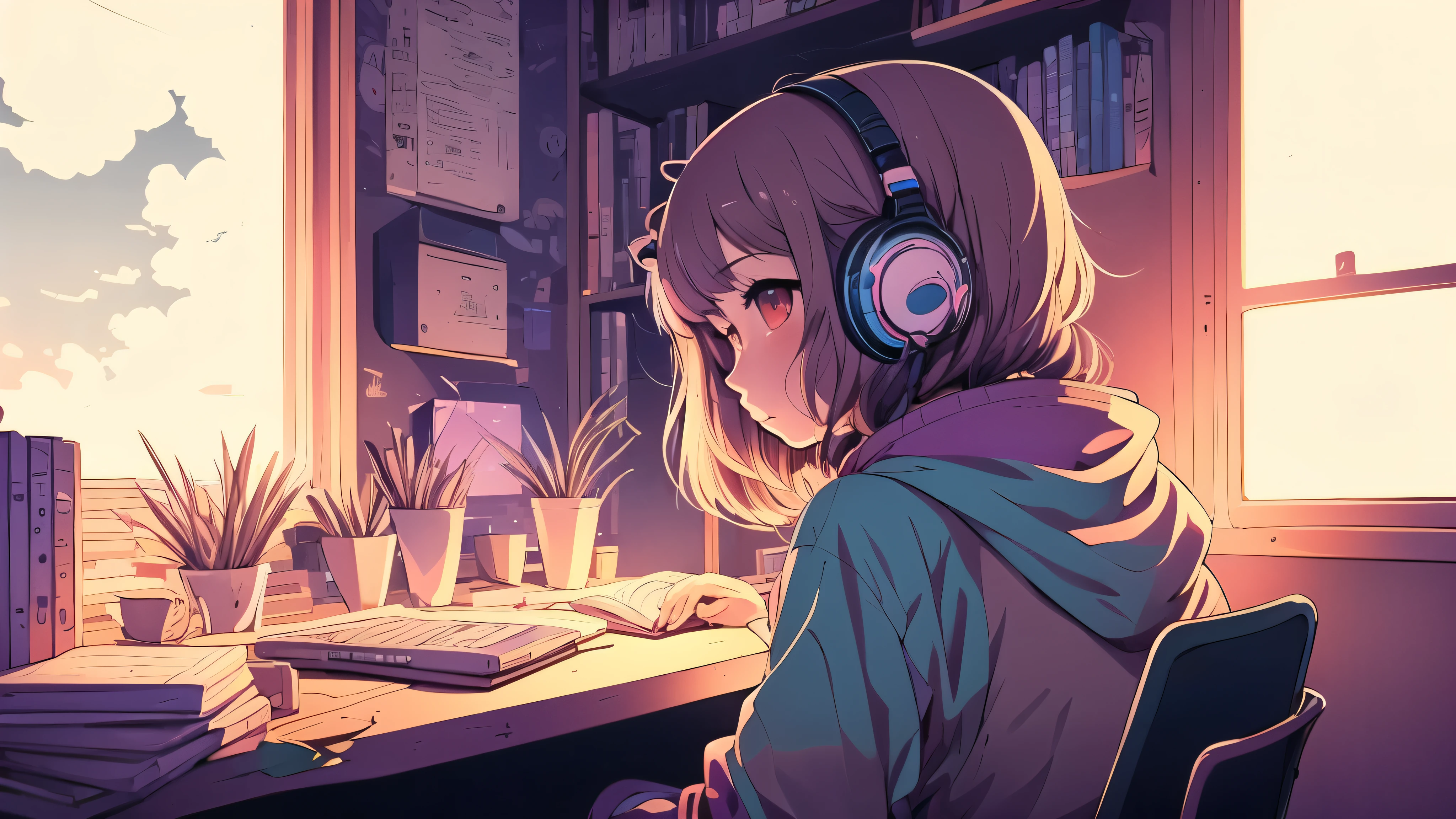 Anime girl in headphones sitting at desk with laptop, lofi girl, Lofiatostyle, anime style 4k, Lofiato, anime atmosphere, portrait of lofi, lo-fi illustration style, anime art wallpaper 4k, anime art wallpaper 4k, Lo-fi atmosphere, lo-fi feel, 80年代のanime atmosphere, anime aesthetics