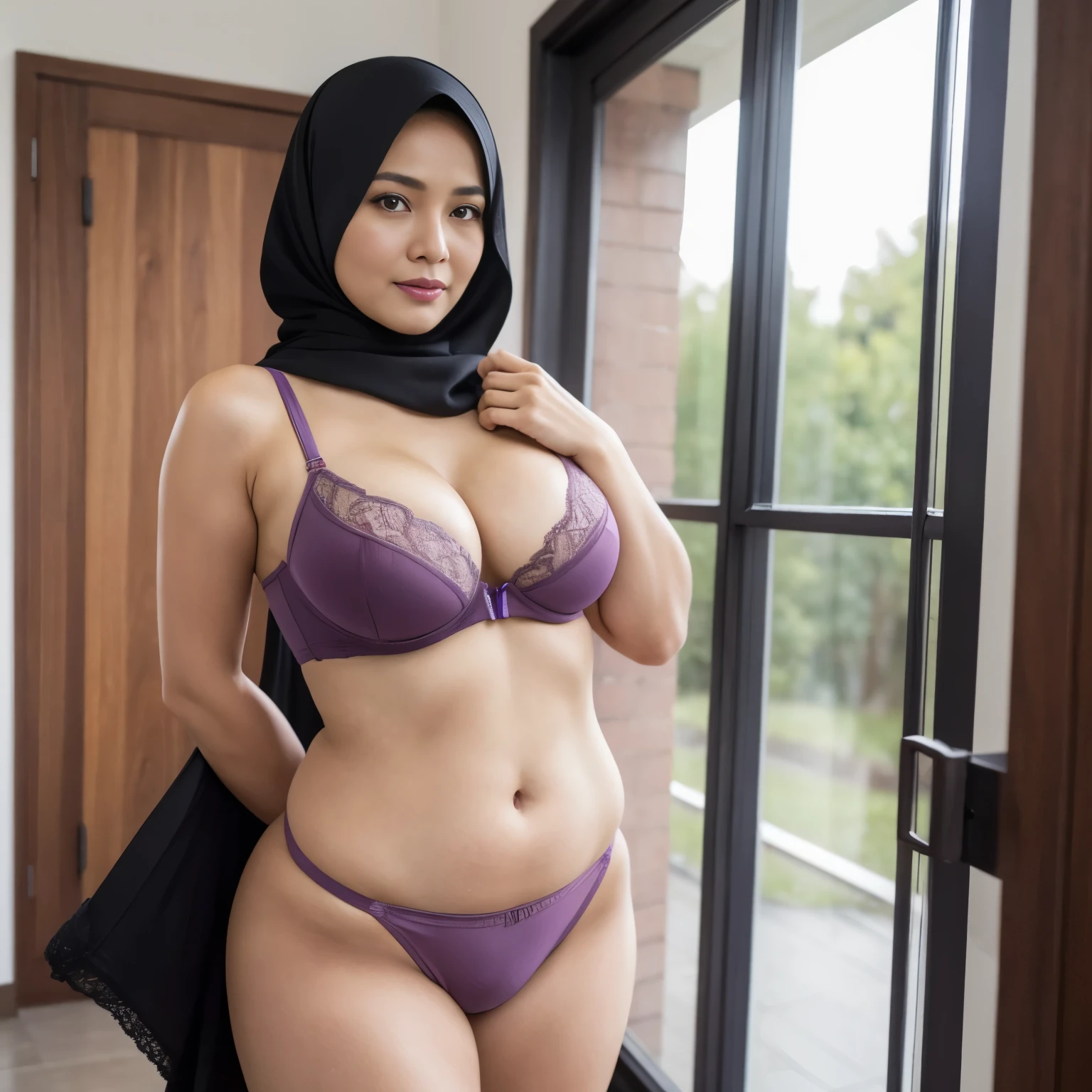 50 years Old, Hijab Indonesian mature woman, Big Round Tits : 32.9, ((Bouncing Round Tits)), Garter Sport Bra, Curvy Body, Breast about To burst out from her clothes, at doctor office, Bright light, at Nighttime.