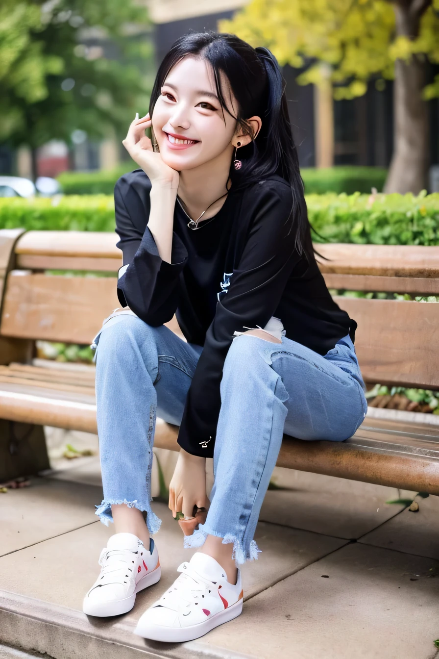 A neat and beautiful woman sitting on a park bench、black hair、long sleeve blouse、ear piercing、skinny denim、sneakers、smile。、beautiful teeth、full body photo