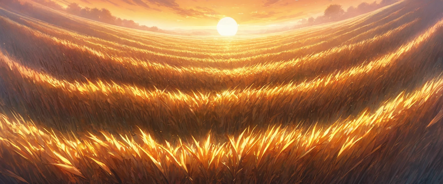 As the sun begins its descent, casting a warm, golden hue across the horizon, imagine standing amidst a vast expanse of cornfields. The stalks, gently swaying in the evening breeze, create a mesmerizing pattern against the sky. With an ultra-wide-angle perspective, the scene unfolds dramatically. The sun, a fiery orb, dips lower, painting the clouds with shades of orange, pink, and purple. The rows of corn stretch endlessly, converging toward a focal point on the horizon where the sun kisses the earth. Shadows lengthen, adding depth and contrast to the landscape. It's a moment of serene beauty captured in a single frame, evoking a sense of awe and tranquility.