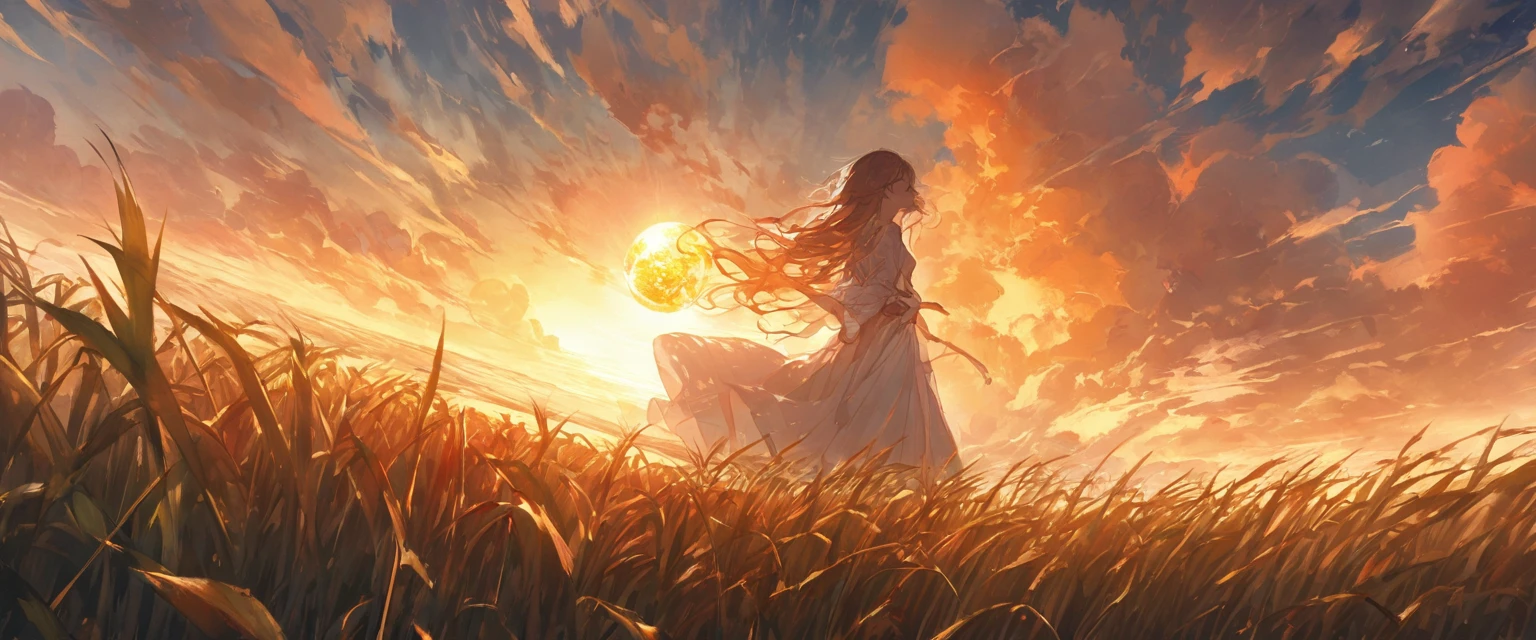 As the sun begins its descent, casting a warm, golden hue across the horizon, imagine standing amidst a vast expanse of cornfields. The stalks, gently swaying in the evening breeze, create a mesmerizing pattern against the sky. With an ultra-wide-angle perspective, the scene unfolds dramatically. The sun, a fiery orb, dips lower, painting the clouds with shades of orange, pink, and purple. The rows of corn stretch endlessly, converging toward a focal point on the horizon where the sun kisses the earth. Shadows lengthen, adding depth and contrast to the landscape. It's a moment of serene beauty captured in a single frame, evoking a sense of awe and tranquility.