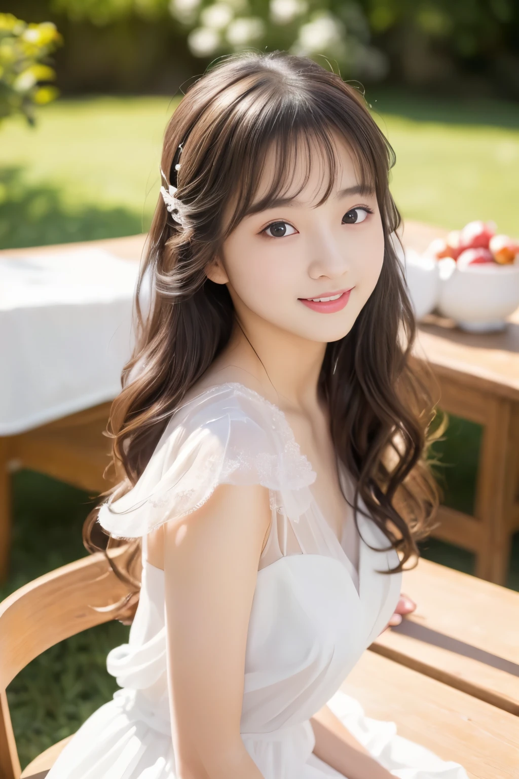 (((masterpiece))), (one beautiful japanese girl, innocence，cute) ，超A high resolution, realistic, super detailed, 8K,highest quality, very detailed, detailed background,Slender,(baby face，cute系,adorable 10 year old girl),(perfect body:1.1)，((Neat and clean hairstyle)，super detailed顔、lip details、detailed eye、realistic:1.37，No makeup，smile，show me your beautiful teeth，short gravure idol，transparent skin、fashion portrait, deep depth of field, 45 degree view, royal sister, kind, ((highest quality, 8K, table top: 1.3)), concentrated: 1.2, stand sideways, very detailed顔と肌の質感, fine eyes, double eyelid, long eyelashes, (skin as white as snow), Whitening skin,  Sheer, soft chiffon dress, long skirt, mercury dress, elegant dress, wearing an elegant slutty dress, soft elegance, stylish clothes, rosy cheeks, peaceful atmosphere, mysterious beauty,