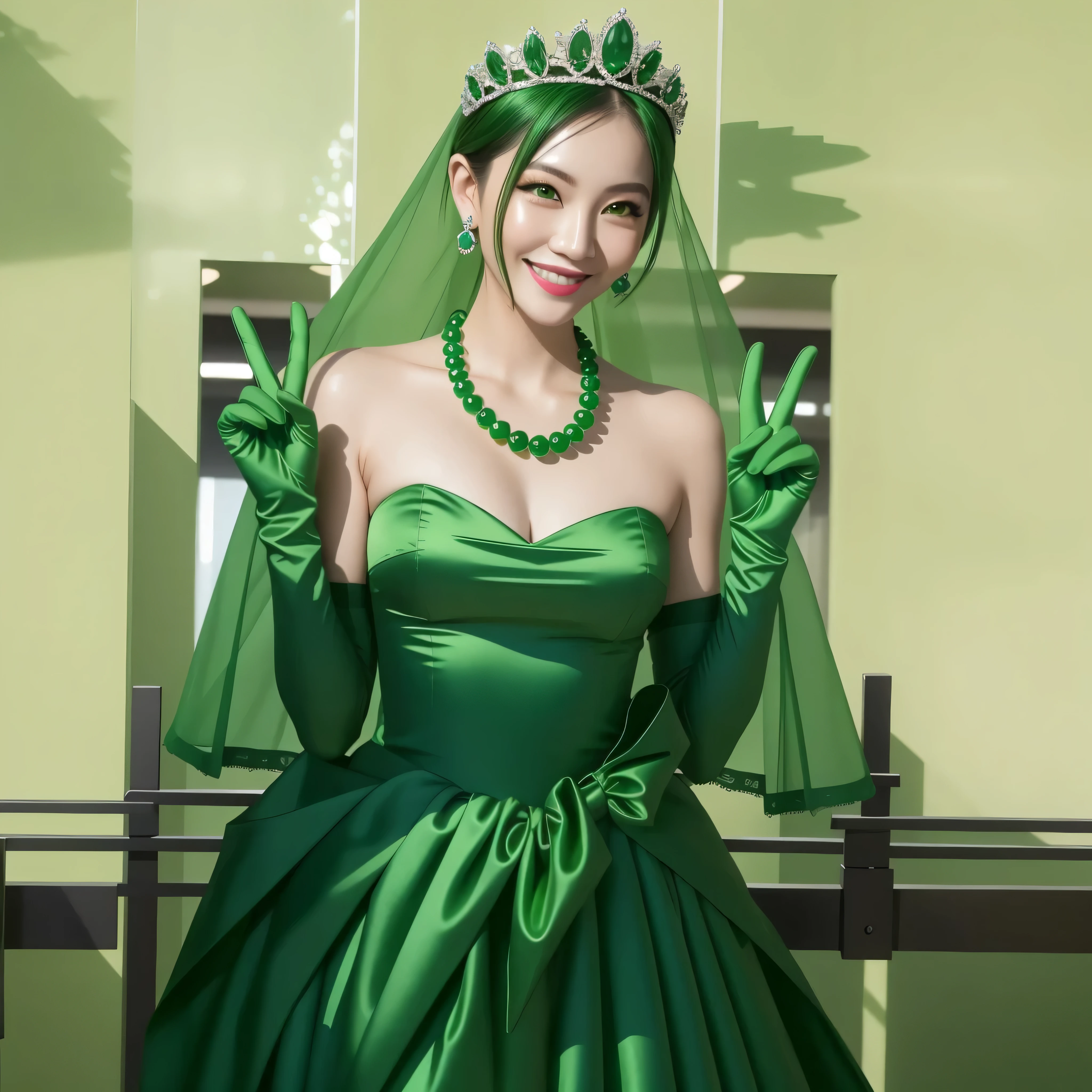 emerald tiara, green pearl necklace, ボーイッシュな非常に短いgreen hair, green lips, smiling Japanese woman, very short hair, Beautiful woman with big breasts, green eyes, green satin long gloves, green eyes, emerald earrings, green veil, Heart with both hands, green hair, beautiful japanese woman, V sign, green lip gloss