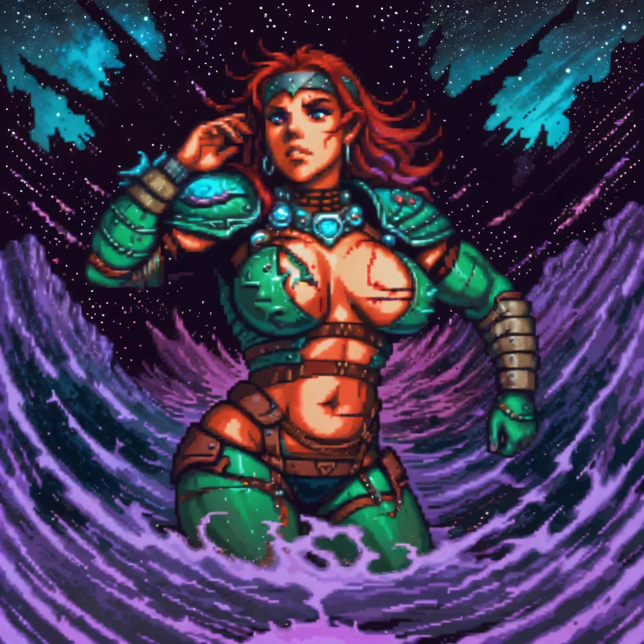 One barbarian girl, red head girl, space-warrior girl, cyborg girl, beautiful bbw girl, chubby girl, woman-warrior, whole body, nude body, Perfect skin, space background, blood rain, dark fantasy, Linsner style, Science fiction, 80s, 16-bit game, VHS era, planet in space background, purple lightning, psychedelic color background, smog, fog, swamp, girl in swamp, mad max style, vhs tape cover, goblinko style