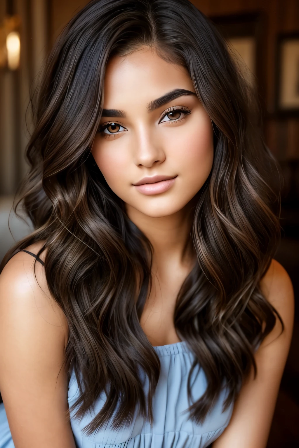 Captivating 19-year-old with mesmerizing brown eyes and perfectly arched black eyebrows, her fair skin radiating beauty. Draped in fashionable western attire, her medium-length wavy hair, adorned with shades of brown and black, enhances her stunning features and exudes elegance. Her diamond-shaped face is a perfect canvas for her enchanting beauty.

This ultra-realistic image showcases the young woman in all her glory. With her arched eyebrows framing her mesmerizing eyes, her fair skin glows under the soft lighting. Her medium-length wavy hair, styled to perfection, cascades down her shoulders, adding to her all