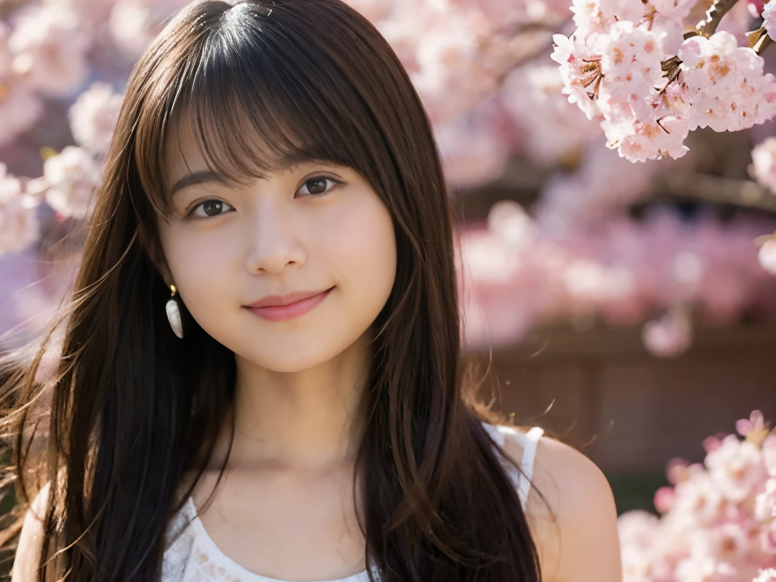 highest quality, High resolution, realistic pictures, detailed skin texture, (e 10 panese girl wearing a short white camisole), (flat chest:1.5), towards the camera, slim body shape, Fair skin, view audience, focus on face, (close up of face:1.2), long straight hair, In the park with cherry blossoms falling, smile showing teeth, (loli:1.2)