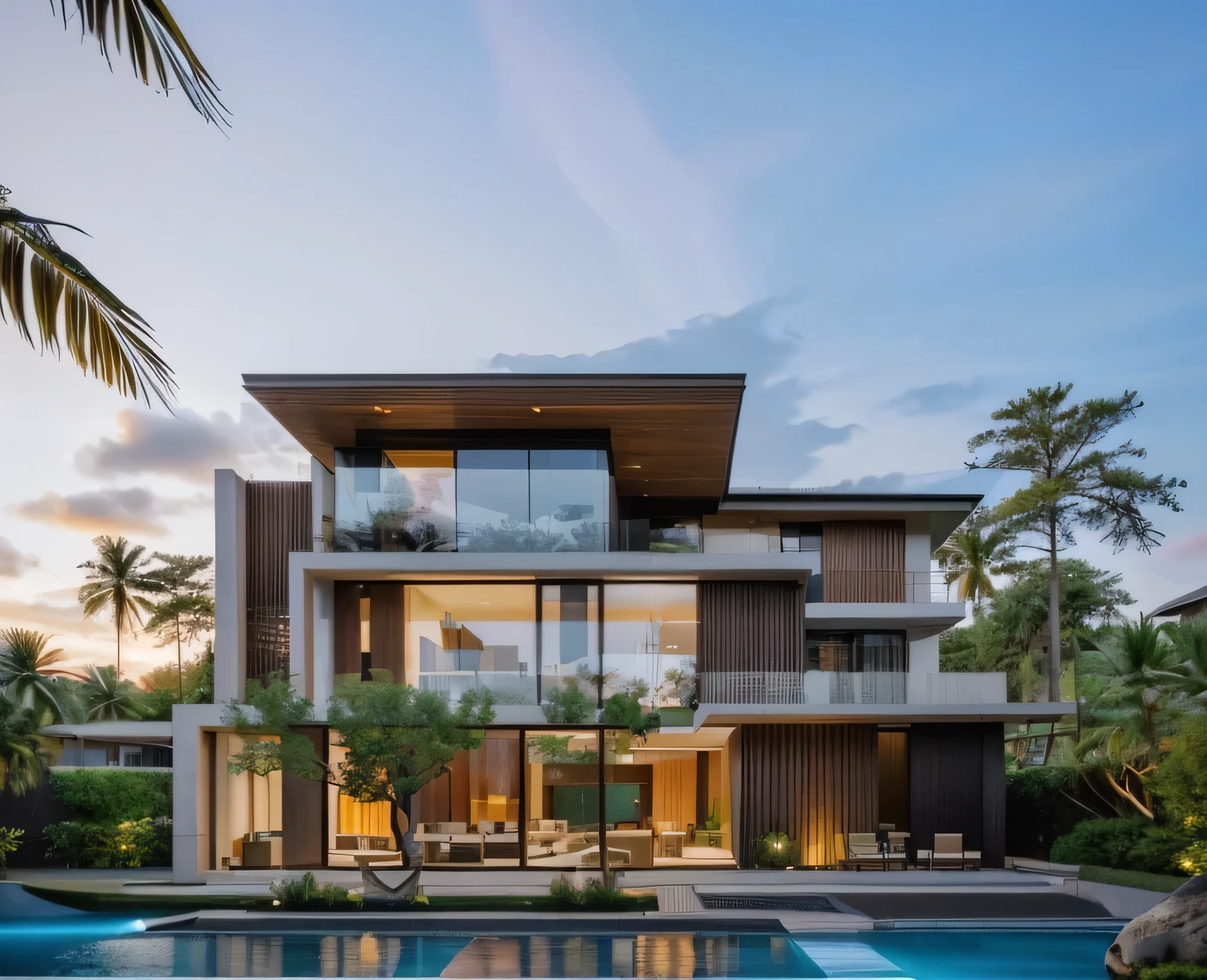 (masterpiece),(high quality), best quality, real,(realistic), super detailed,(full detail),(4k),8k,modern house exterior design,Modern architecture,Wood house Style,Beautiful_sky,sunrise_light,(gentle light),((no_strong_contrast)), no_humans, outdoors,sky,((Tropical_trees)),Japan garden,Coconut_trees,Palm trees,Pool and Garden_flower_front_of_building,pool villa,(strong interior light),