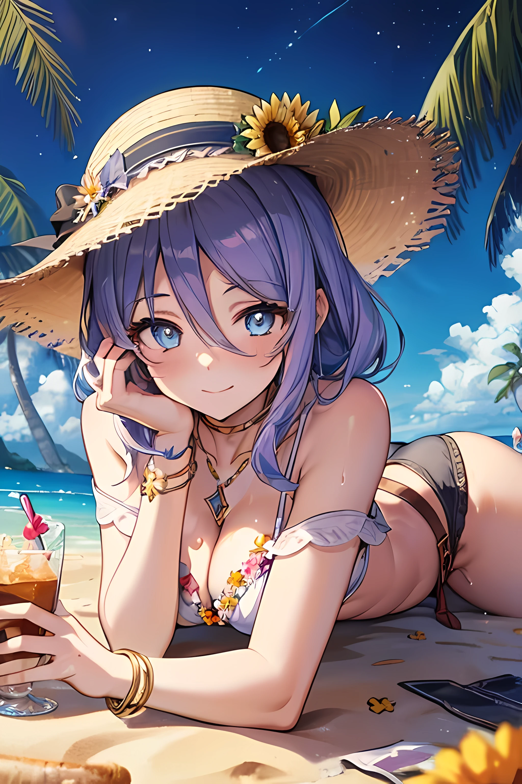 (ultra high resolution, 8K wallpaper, masterpiece, extremely detailed illustration, clear focus), anime moe artstyle, (POV), 1 girl, solo, looking at viewers, sumshizuru, long hair, purple hair, straw hat, twin braids, white bikini, necklace, flower bracelet, belt, thigh strap, sunflower, bright fine pupils, beautiful eyes with highlight, high detailed face, ((lying on the sandy beach)), smile, closed mouth, outdoor, beach, wet, palm trees, night, starry sky, cinematic lighting, (correct anatomy),