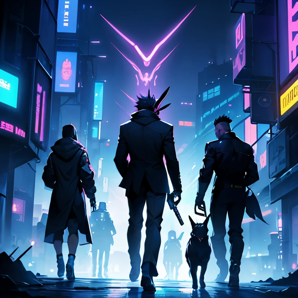 Five silhouettes stand with their backs turned. It is backlit. The first is a slender butler(male), the second is a guitarist(male) with mohawk hair, the third is a girl in a hoodie with a rabbit headband, the fourth is a beastman(male,dog head,dog body) with a large gun, and the fifth is a young exorcist(male).
The background is a metropolis with neon lights.
The background is a metropolis(cyber punk) with neon lights.(night time).