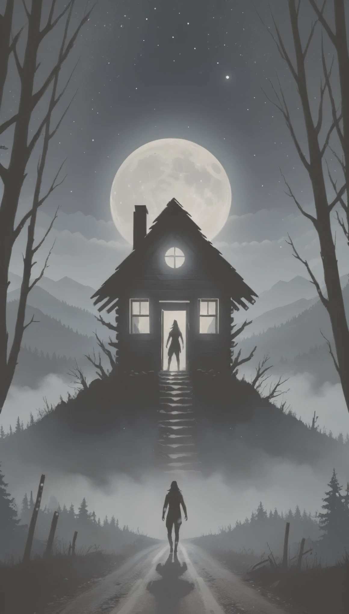 logo, LogoRedAF, (shot behind a frame of mangled branches:1.3), (thick mystical fog:1.2), road to an (abandoned) cabin in the distance, breathtaking moonlit night, falling stars, (creepy tall silhouette) in the distance