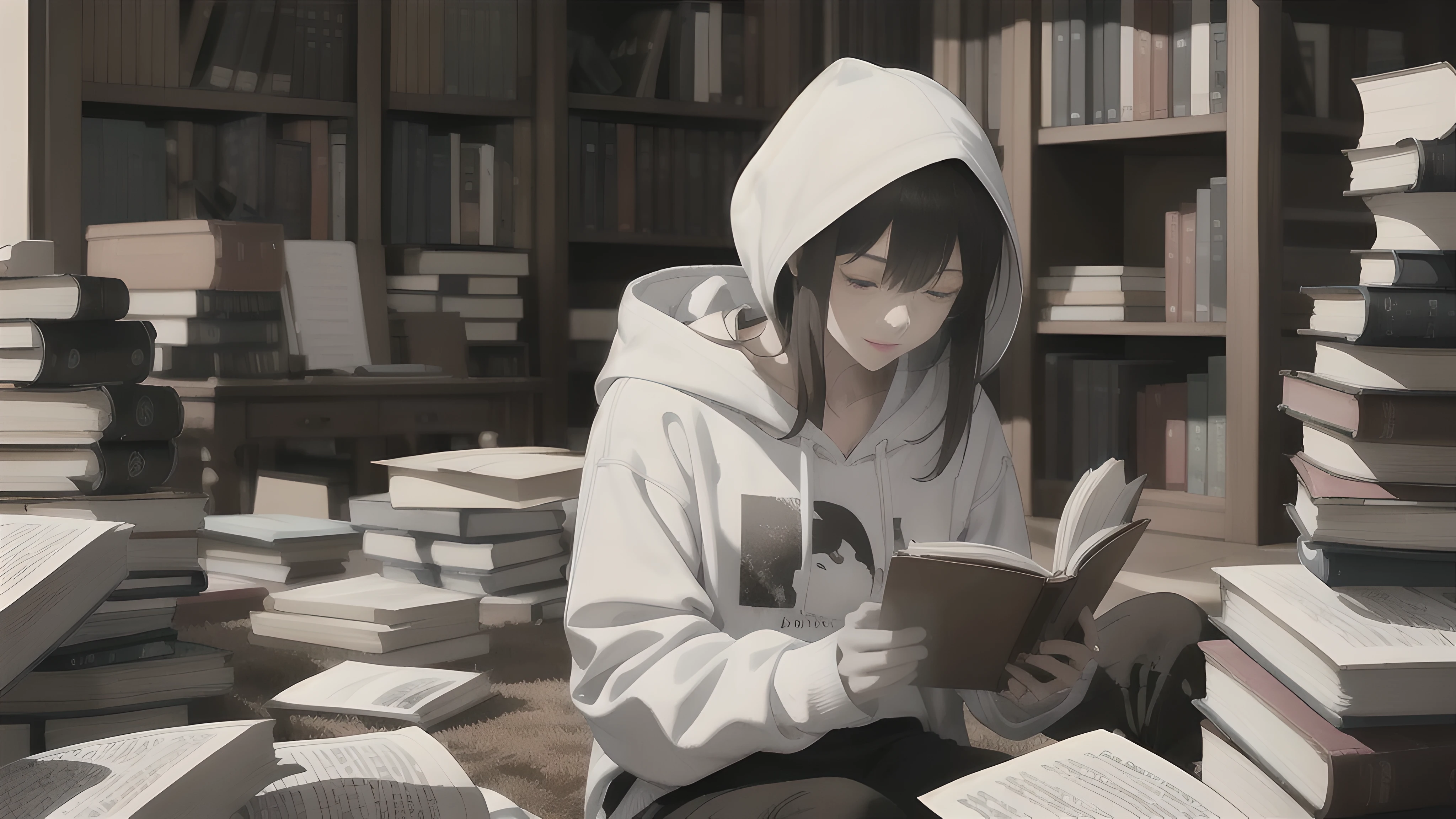 in a pile of books、find someone reading a book on the ground, cool woman wearing a white hoodie, sitting on the floor,8K、Grand piano in the back