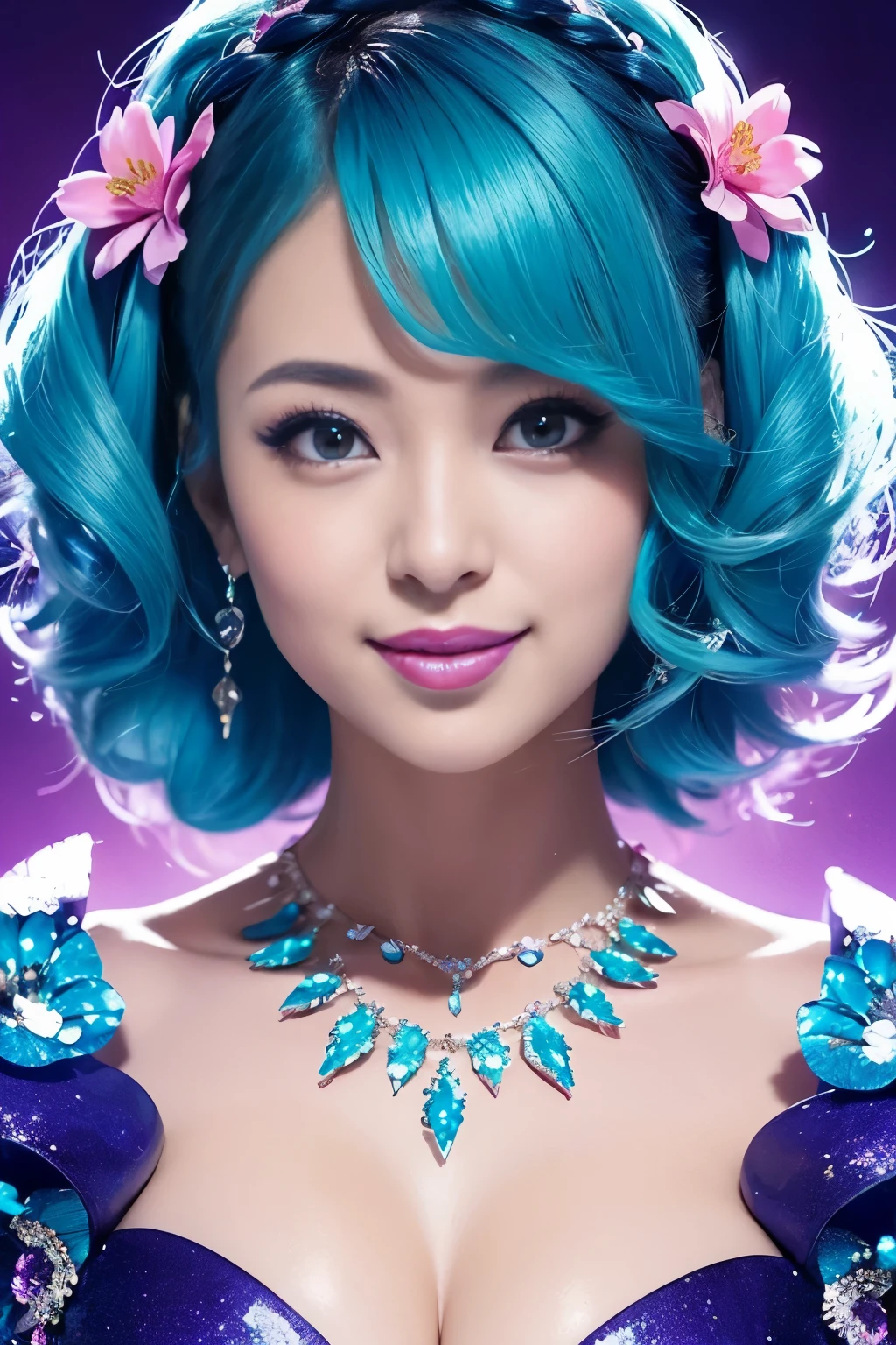 young、beautiful Japanese actress who controls poison、sparkling poisoned flower costume、、、、bold lipstick、dramatic eyeshadow、lipgloss、costume is glossy with neon turquoise and light blue color scheme、full body Esbian、closeup、enticing smile、charismatic、dangerous character、sparkling short dramatic colorful hair、secrete poison、skull hair accessories、flowers background 