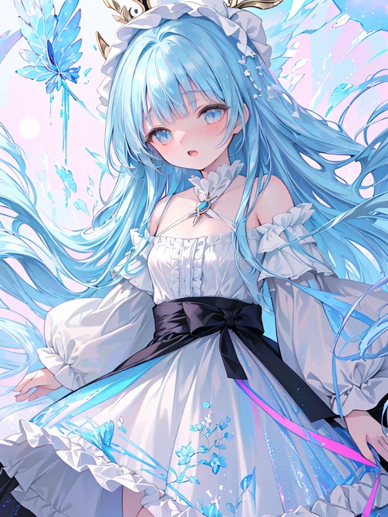 masterpiece, best quality, extremely detailed, (illustration, official art:1.1), 1 girl ,(((( light blue long hair)))), light blue hair, ,, long hair ((blush)) , cute face, big eyes, masterpiece, best quality,(((((a very delicate and beautiful girl))))),Amazing,beautiful detailed eyes,blunt bangs((((little delicate girl)))),tareme(true beautiful:1.2), sense of depth,dynamic angle,affectionate smile, (true beautiful:1.2),,(tiny 1girl model:1.2),(flat chest)), 
Soft Focus , (Bright gradient watercolor :1.5, Lens Flare:1.5 , Glitter :1.5), Glow , Dreamy Grid illusion, Colorful, girl、((extremely detailed eye:1.5)),ace Zoom:1.5,,(((​masterpiece、top-quality、top-quality、watercolor paiting)))(Curly)、Official art、Beautifully Aesthetic:1.2)、,(Fractal Art:1.3)、The upper part of the body、colourfull、((Ultra-detailed retina:1.5))、embarrassed from、(Midriff)、((Super Detail Eyes:1.5))、(rainbow-colored hair、colourful hair、Half blue and half light blue hair:1.5)、((the Extremely Detailed CG Unity 8K Wallpapers、​masterpiece、top-quality))、(black cat:1.3),    embarrassed,masutepiece, Highest Quality, (Perfect face:1.1), (high detailing:1.1), (ultradetailed eyes), Dramatic, superfine illustration, Extremely detailed,1girl in, teenager,(pale skin), Happy, Laugh, Enjoy,Open mouth,gloweyes,,straight hair,Ethereal eyes, blush, Solo,Pouty lips,Cinematic lighting,looking for viewer, cowboy shot,Long sleeve,PINK Princess dress,long length,indoor,bedroom,lie on the bed
