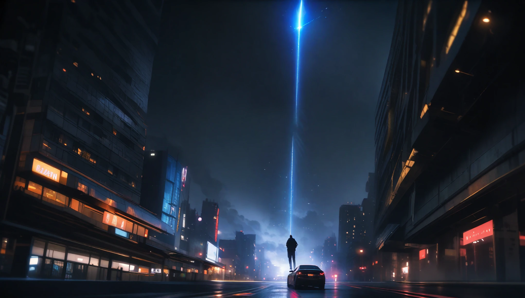 realistic drawing, batman standing on the roof of a skyscraper in the center of the city and observing a strange big flying luminous object, night, gloomy atmosphere, dark atmosphere, very bright luminous object attracting attention, raw photo, realsitic batman's clothing, lots of details,