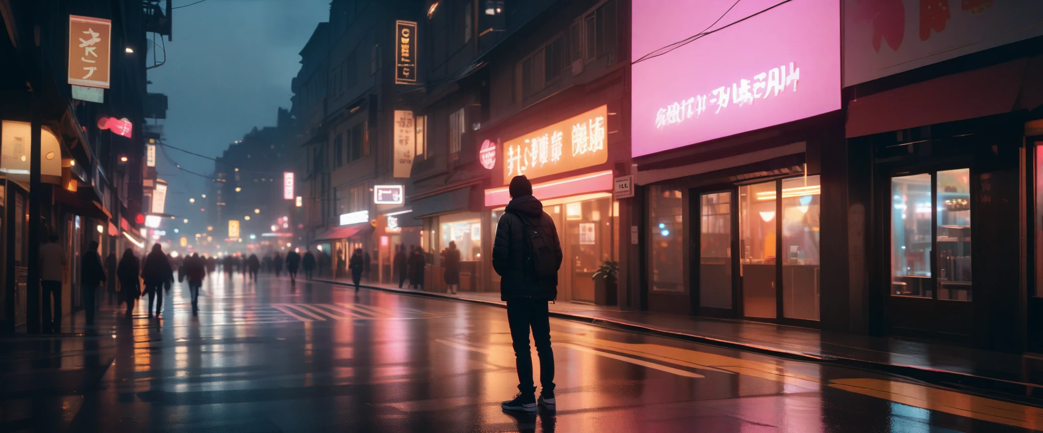 realistic drawing, man standing in the middle of the street in the center of the city and observing a strange big flying luminous object, night, gloomy atmosphere, dark atmosphere, very bright luminous object attracting attention, raw photo, lots of details, 8k, 