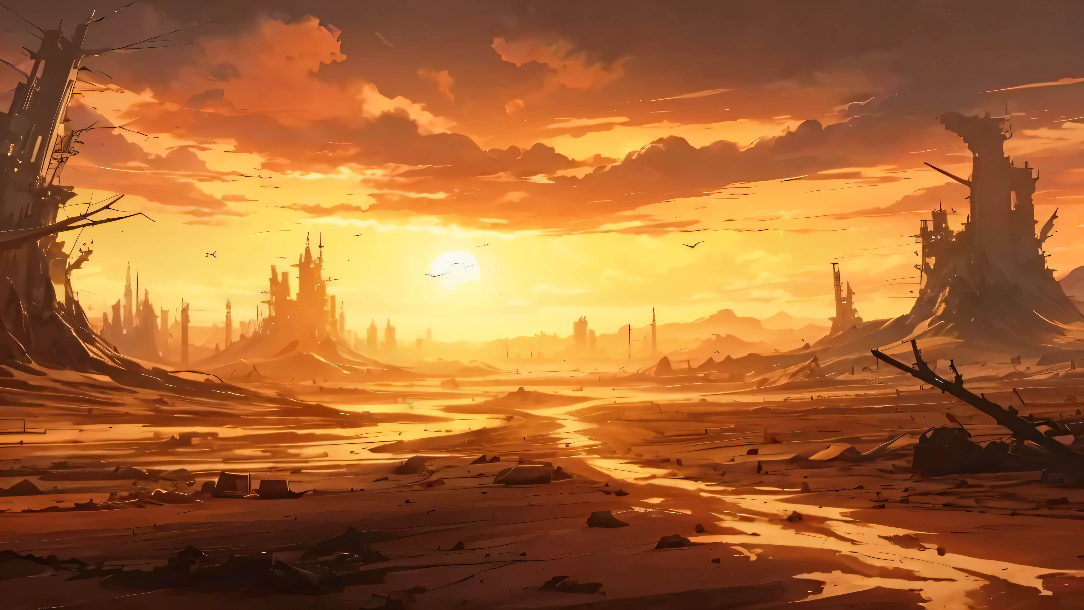 Painting of a desert landscape with a sunset in the background, Horrific scene,! End of the world scene!!, End of the world scene!!!!!, End of the world scene, End of the world scene, Apocalypse mode, deserted Wasteland, Horrific environment, fantasy Horrific environment, Apocalypse art, Wasteland, The end of the world after Earth, Environmental art concept, End of the world scene, Silphan Sarail, The anime landscape of Apocalypse City, Destroyed area, He. She'About to set up