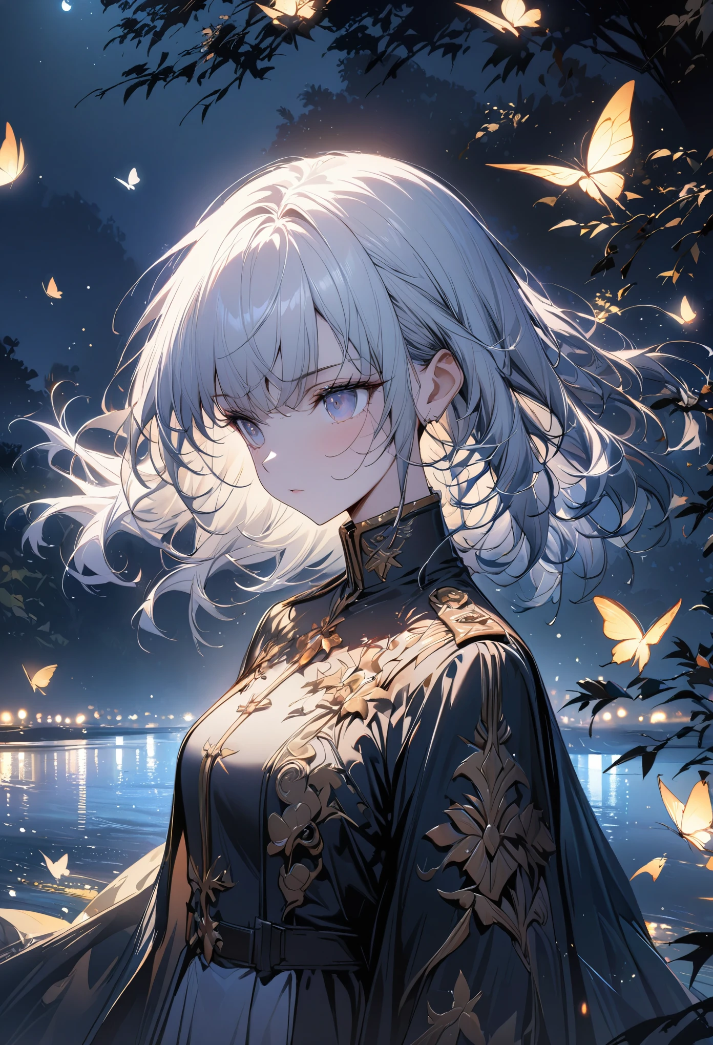 The original, (masterpiece), (illustration), (extremely exquisite), (Perfect details), (Uniform CG 8K Wallpaper:1.05), (beautiful clear background:1.25), (depth of field:0.7),1 girl,huanxiaoyi , (standing by the river:1.15).(Hair blowing in the wind:1.1),butterflies flying around, (moonlight:0.6), Tree, (summer), (night:1.2), (close up:0.35), (Gloves:0.8), alone ,