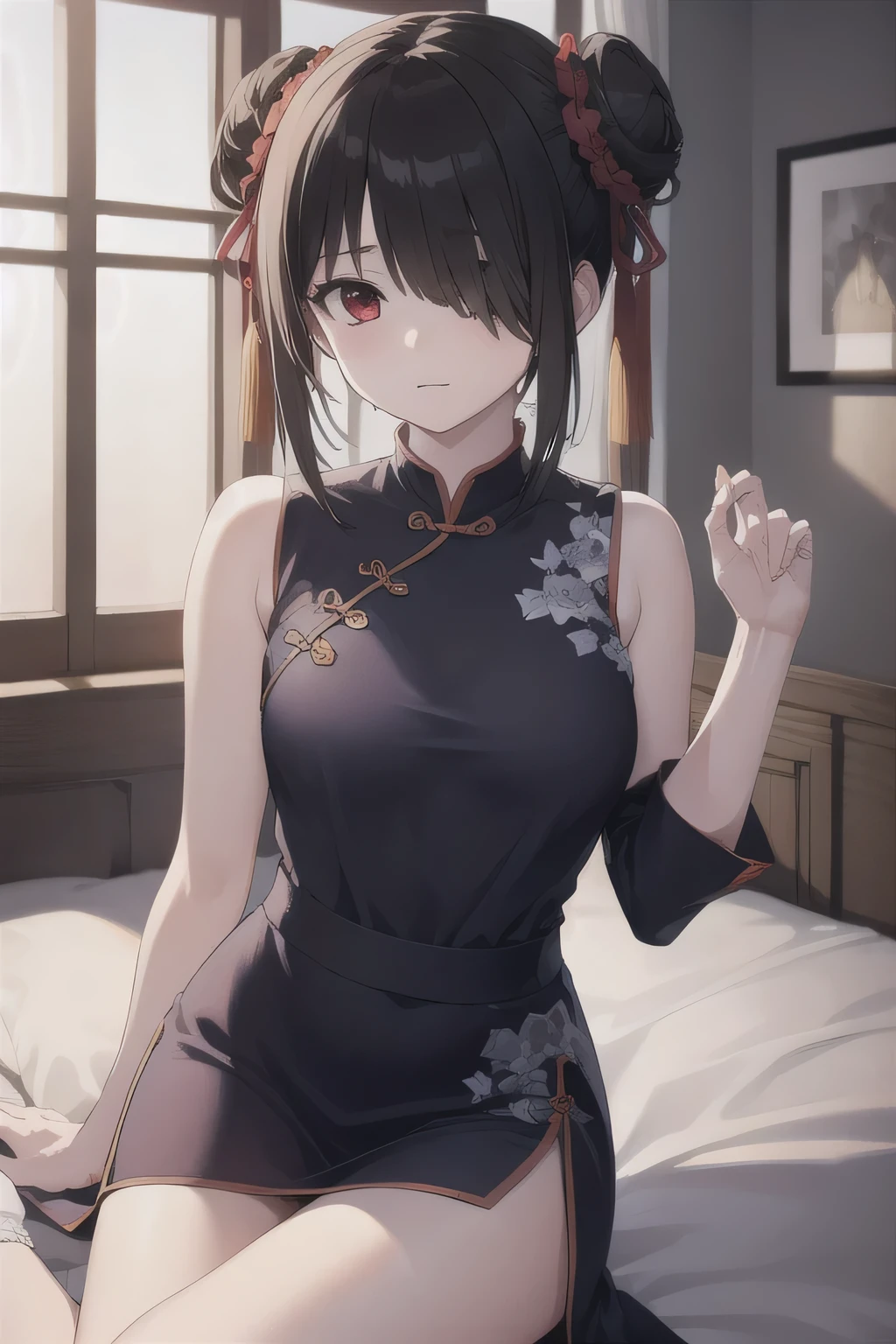 Kurosaki, Kurumi tokisaki, brunette color hair, Low Twin Tails, ChineseGirl,(Hair above one eye:1.5), (red eyes:1.2), (little breast:1.2), Break bare shoulders, upper legs, Separate the sleeves, hair-bun, double bun hair, Chinese clothes, Porcelain dress, BREAK LOOKS AT THE AUDIENCE, BREAK indoors, Beds, Bedrooms, BREAK (tmasterpiece:1.2), best qualtiy, A high resolution, Unity 8k壁紙, (illustratio:0.8), (Beautiful detail eyes:1.6), Extremely detailed face,Perfect lighting,extremely detremely detailed CG,(perfect hand,perfect anatomia),on cheongsam,mature,A MILF。