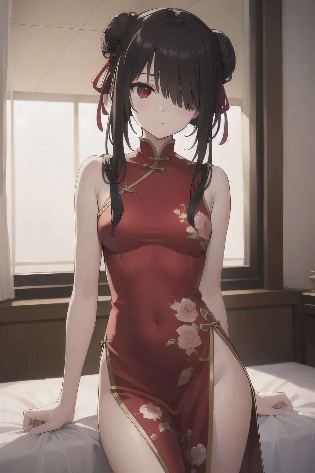 Kurosaki， Kurumi tokisaki， brunette color hair， Low Twin Tails， ChineseGirl，（Hair above one eye：1.5）， （red eyes：1.2）， （little breast：1.2）， Break bare shoulders， upper legs， Separate the sleeves， hair-bun， double bun hair， Chinese clothes， Porcelain dress， BREAK LOOKS AT THE AUDIENCE， BREAK indoors， Beds， Bedrooms， BREAK （tmasterpiece：1.2）， best qualtiy， A high resolution， Unity 8k壁紙， （illustratio：0.8）， （Beautiful detail eyes：1.6）， Extremely detailed face，Perfect lighting，extremely detremely detailed CG，（perfect hand，perfect anatomia），on cheongsam，mature，A MILF。