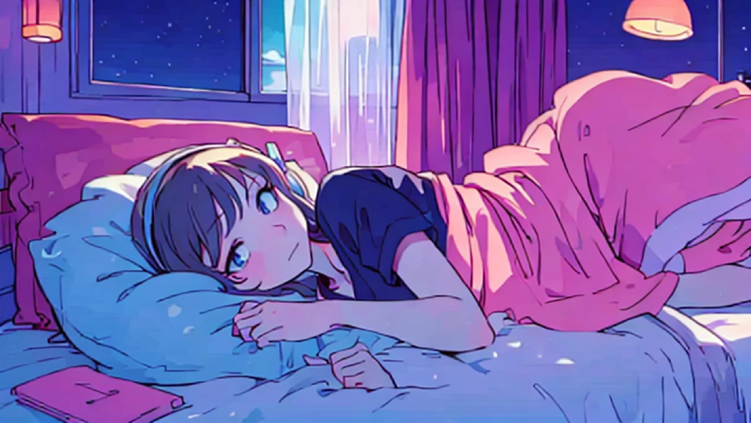 Anime girl wearing headphones and listening to music while lying on the bed, Nightcore, anime atmosphere, dreamy night, lofi girl, anime background art, anime aesthetics, Anime lovers, High quality anime art style, anime background, beautiful anime artwork, 80年代のanime atmosphere, anime illustration, trending anime art, anime picture, anime wallpaper, beautiful anime art