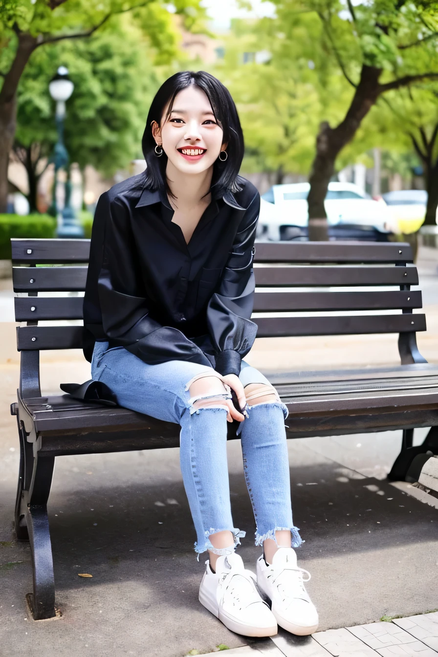 A neat and beautiful woman sitting on a park bench、black hair、long sleeve blouse、ear piercing、skinny denim、sneakers、smile。、beautiful teeth、full body photo