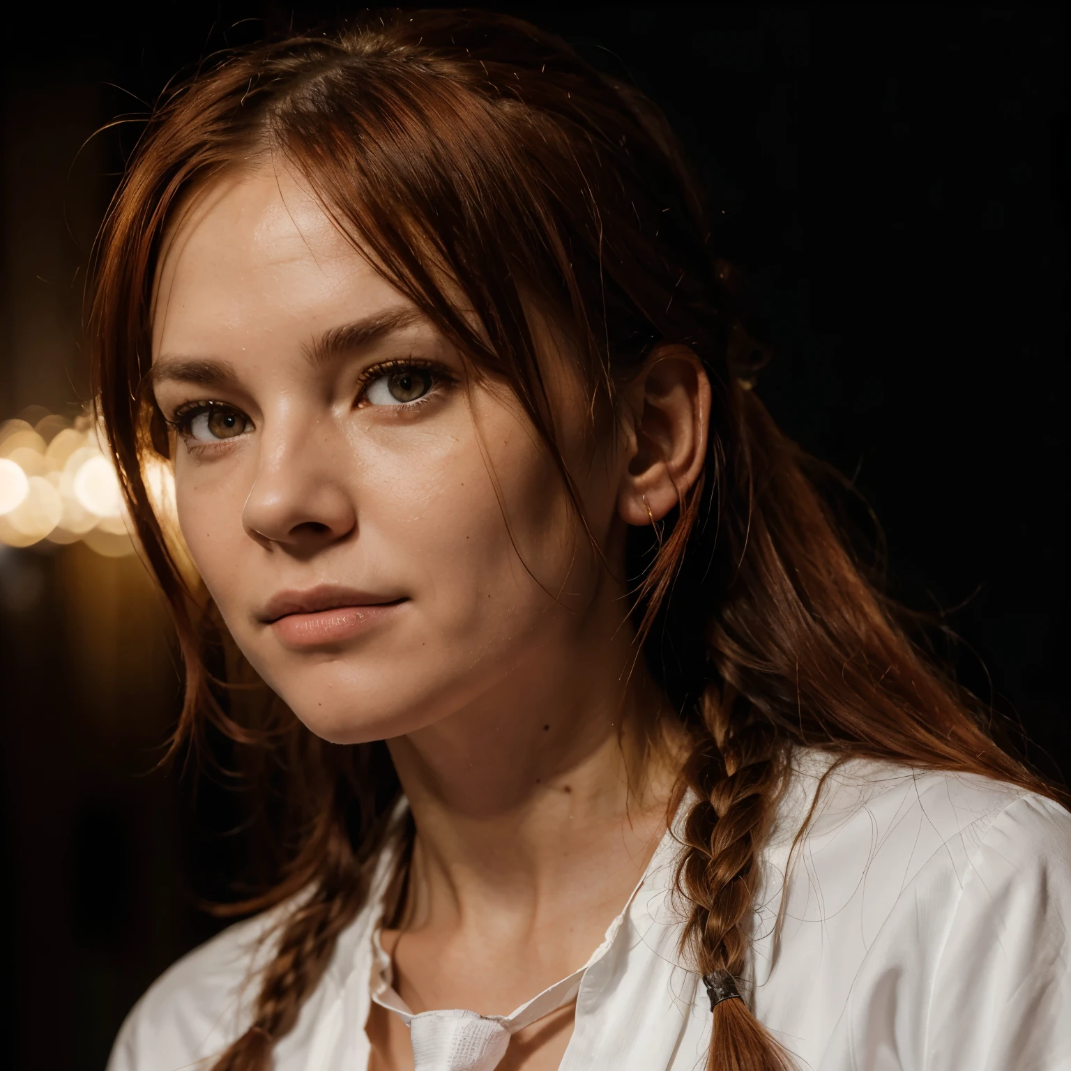 makima (chainsaw man), best quality, ultra detailed, 1girl, solo, standing, red hair, long braided hair, golden eyes, bangs, medium breasts, white shirt, necktie, stare, smile, (evil:1.2), looking at viewer, (interview:1.3), (dark background), from below, sharp contrast , gorgeous detailed eyes, focus , close up shot , glowing orange eyes,front view