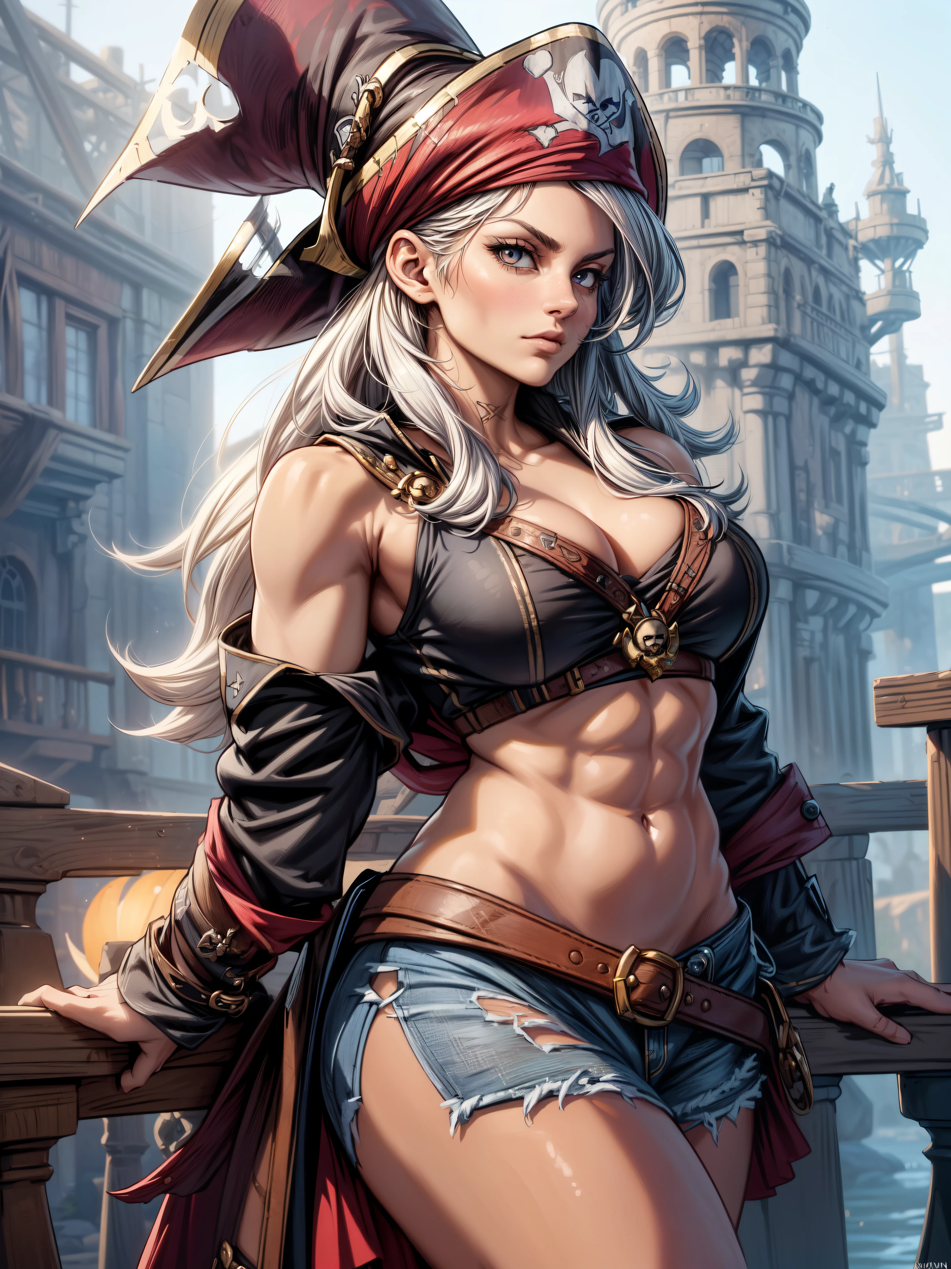 (a pirates beauty girl,human,rebellious:1.1) with (beautiful detailed eyes,defined jawline,high cheekbones),(long, flowing hair:1.1), (wearing a pirate hat),(holding a dagger), (muscular body,toned arms), (dressed in a rugged yet stylish pirate outfit), (from a side angle), (with an air of confidence and determination),(showing off her upper body),(accentuating her perfect waistline). The image should have (best quality,4k,8k,highres,masterpiece:1.2), (ultra-detailed) features. The art style should lean towards (realistic,photorealistic,photo-realistic:1.37) portraits, with (vivid,deep,hues) and (soft, warm,tone) lighting.