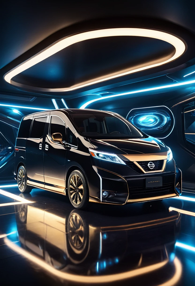 art deco design， futuristic room,abstraction，modern style，Luxury and luxury，atmosphere like futuristic decorative elements，Digital Line，sci fi light，virtual engine，rendering、masterpiece,highest quality, Depth of the bounds written, (close:1.3), Lens flare, cinematic lighting, disorganized, car, car light, nissan,Serena,c26,hightwatstar,minivan,黒色のcar、