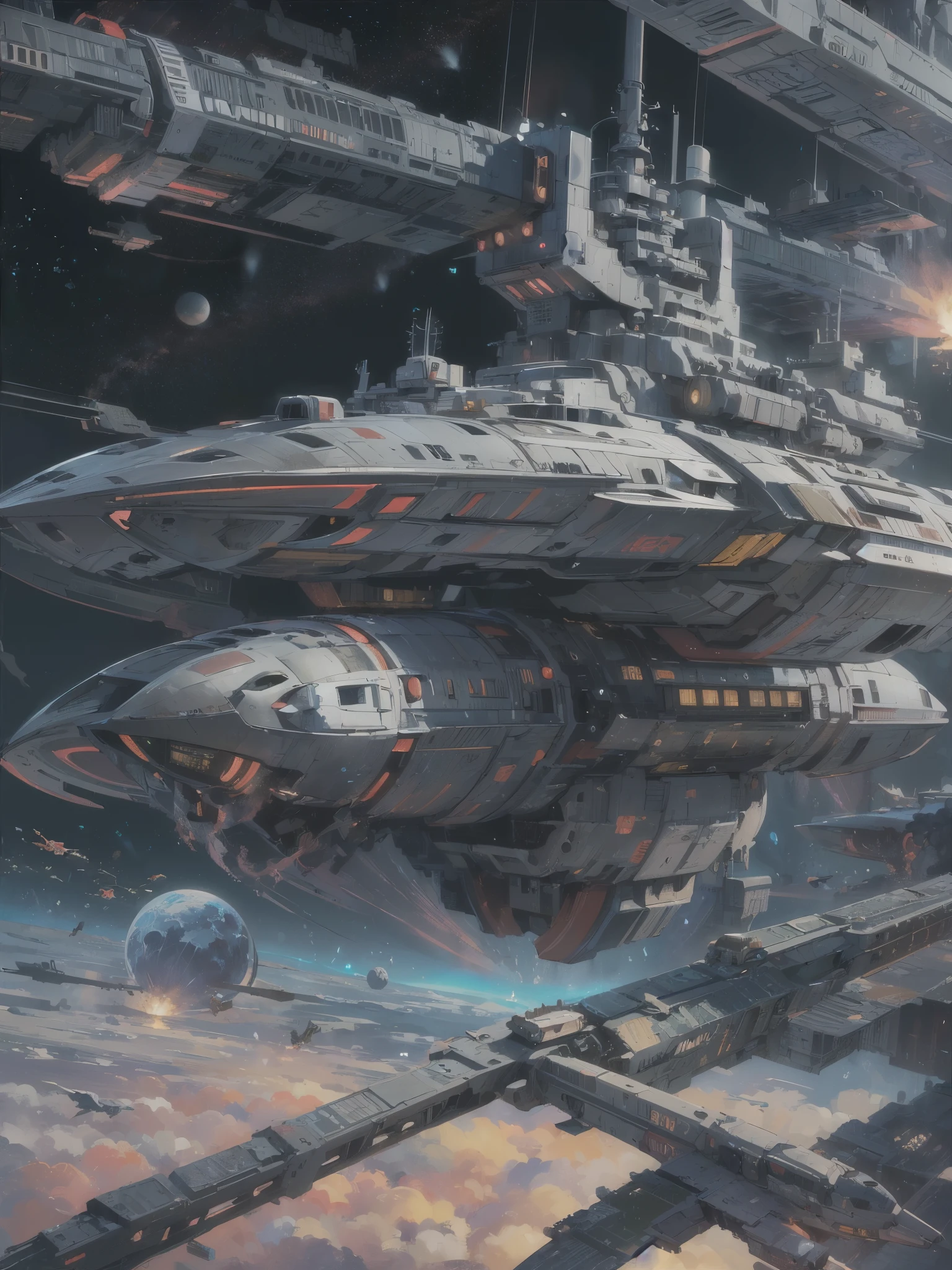 ((highest quality)),(ultra high resolution),(Super detailed),(detailed description),((best CG)),(best work of art),super precision art,amazing drawing art,(Sci-fi art with precise details:1.5), star々A space battleship rushing through the space:1.6