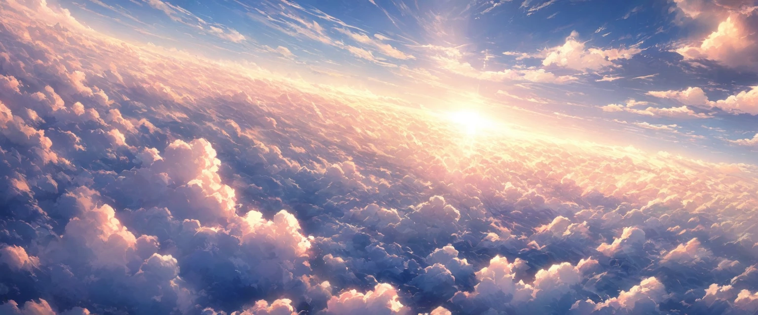 A stunning panoramic view from an airplane window, captured with an ultra-wide-angle lens. The sky is filled with a vast expanse of clouds, resembling a sea of cotton candy. The wide angle of the lens highlights the immense scale of the cloudscape, with billowing formations rolling and undulating as far as the eye can see. Sunlight filters through breaks in the clouds, casting dynamic shadows and creating patterns of light and shadow that dance across the fluffy surface. The overall scene is mesmerizing, evoking a sense of wonder and awe at the beauty and magnitude of the natural world seen from a unique aerial perspective.
