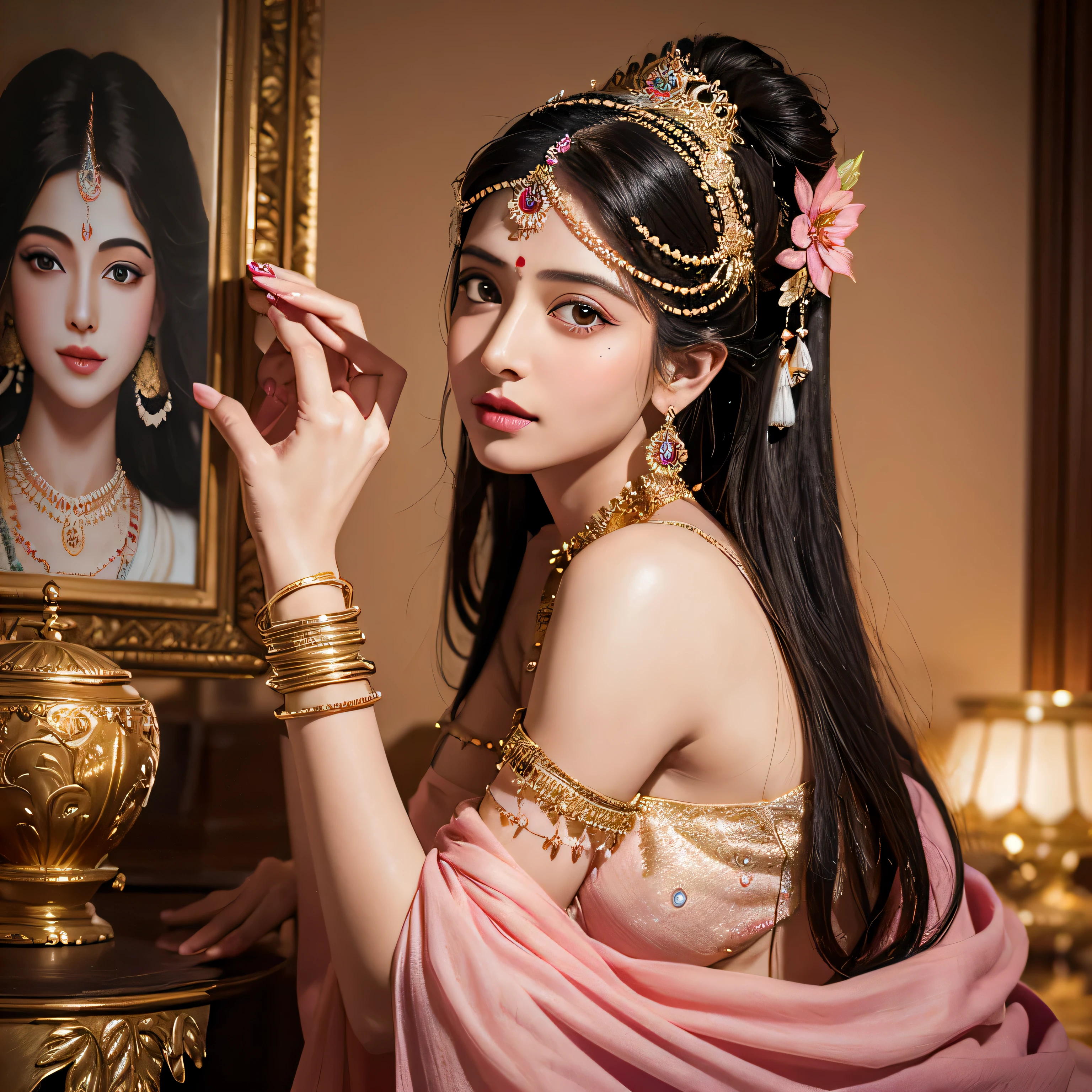a painting of a woman in a pink sari with gold jewelry, indian goddess of wealth, indian goddess, a stunning portrait of a goddess, portrait of a beautiful goddess, 3 d goddess radha portrait, portrait painting of radha rani, beautiful character painting, inspired by Shri Radha rani, goddess radha, Shri Radha, traditional female hairstyles, goddess portrait, beautiful avatar pictures, goddess close-up portrait