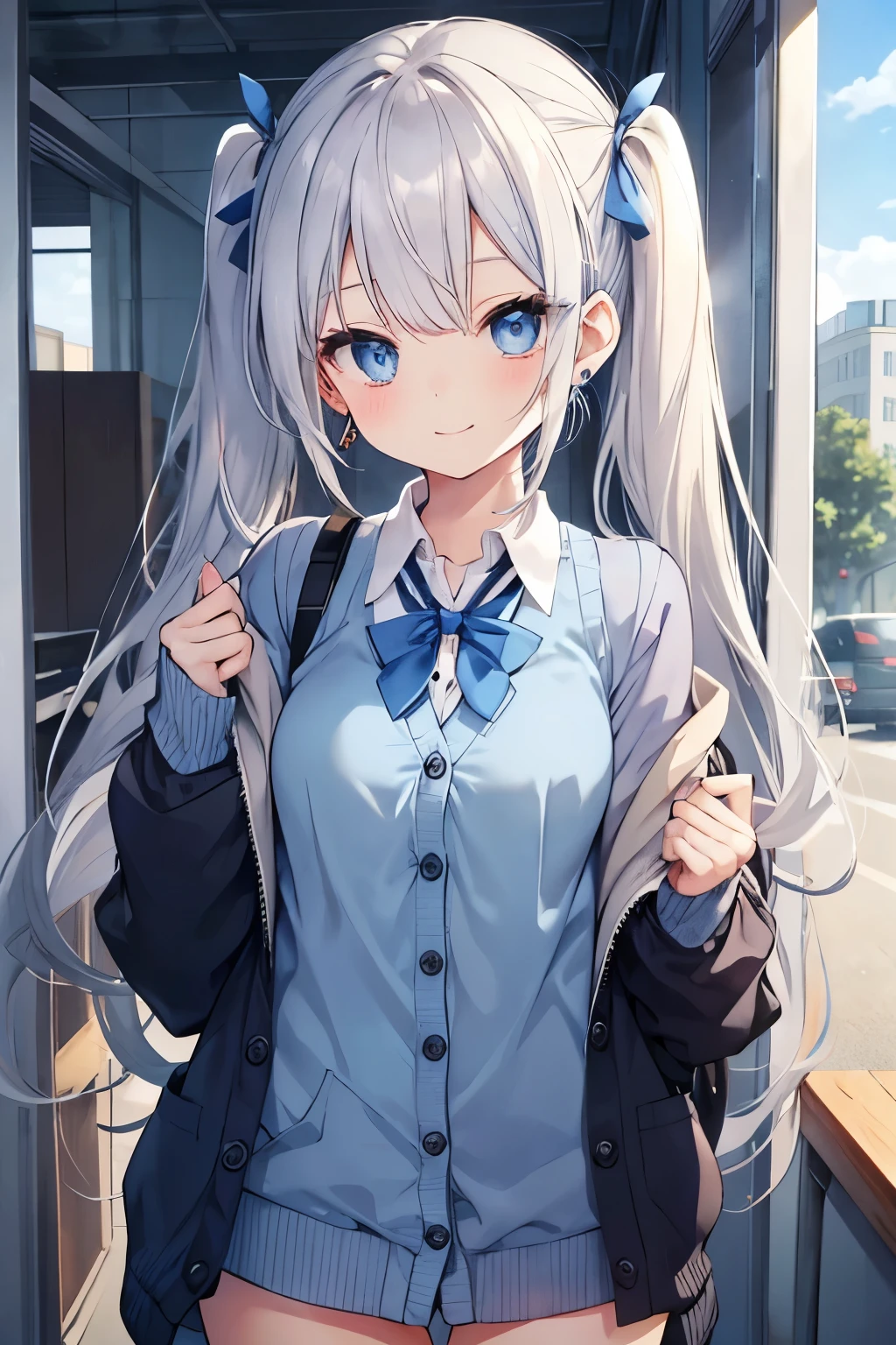 Silver-haired blue eyes、 girl、small breasts、twin tails、smile、gal girl、wearing cute earrings、uniform、knit cardigan、With highlights around the eyes、cute hairpin、I can see the whole body、Going to school in the morning、In town