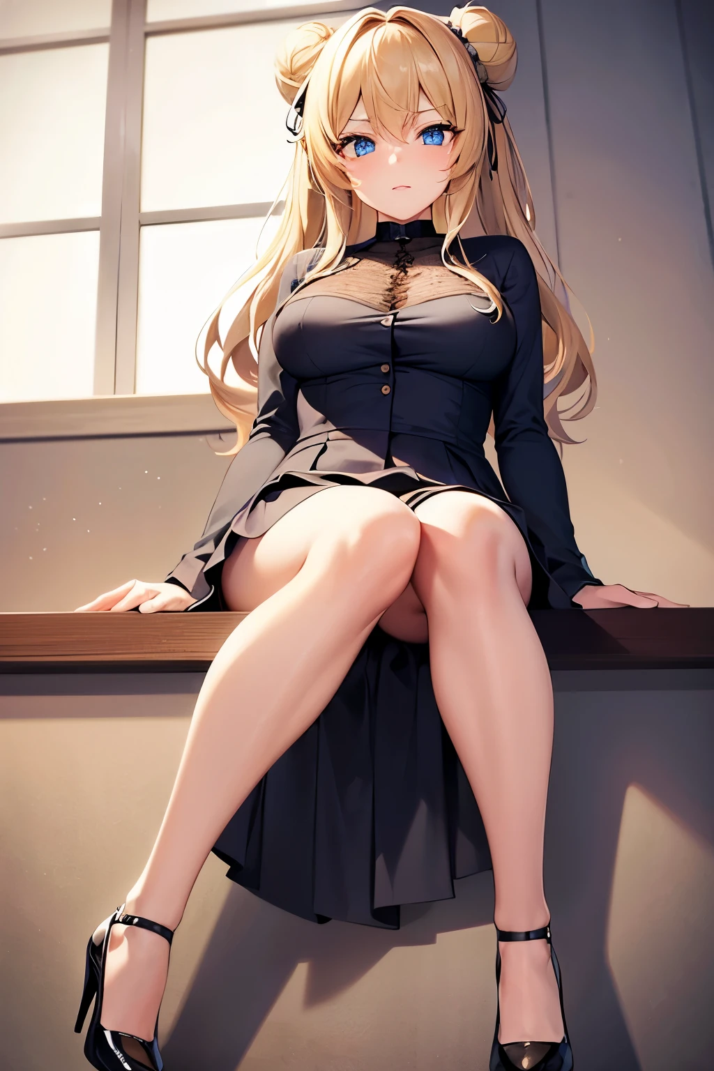 (highest quality), (masterpiece), 1080p, hd, 4k, 8K, cute face, beautiful, clean hands, can't believe it, beautiful eyes, blonde girl, medium breasts, long eyelashes, full body, blue eyes, perfect legs, suit, black skirt, stiletto heels, Bun knot hair, serial killer, software,Angle from directly below、open leg