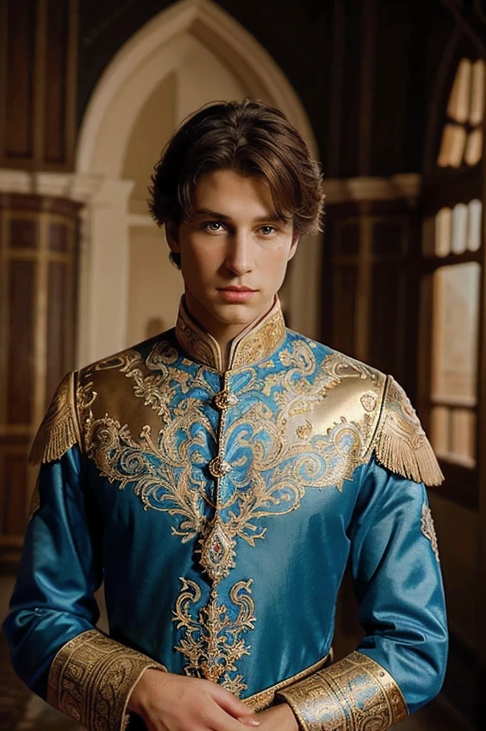 a prince,royal,castle,beautiful detailed eyes,beautiful detailed lips,royal clothes,confident pose,fairy tale,medieval,classic art,light and shadows,vivid colors,luxurious,glowing armor,elegant,regal presence,enchanted forest,majestic,enchanted,romantic atmosphere