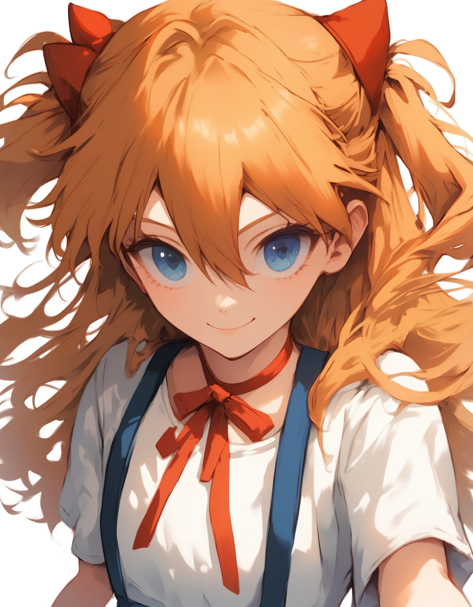 1girl,souryuu asuka langley,solo,long hair,,blue eyes,smile,white background,ribbon,shirt,simple background,orange hair,short sleeves,skirt,red ribbon,neck ribbon,white shirt,bangs,hair between eyes,looking at viewer,tokyo-3 middle ,signature,closed mouth,two side up,hair ornament,suspender skirt,interface headset,suspenders,v,cowboy shot,blue skirt, score_9,score_8_up,score_7_up,